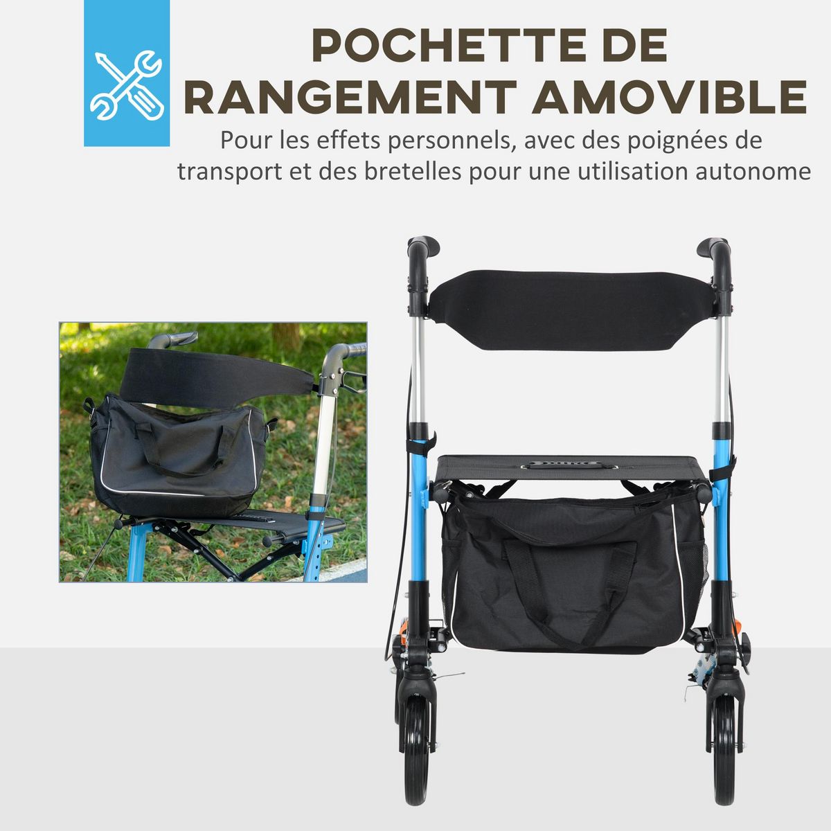 HOMCOM Déambulateur 4 roues - pliable, léger - assise, dossier, poignées ergonomiques réglables, frein à main - sacoche rangement - alu. bleu noir