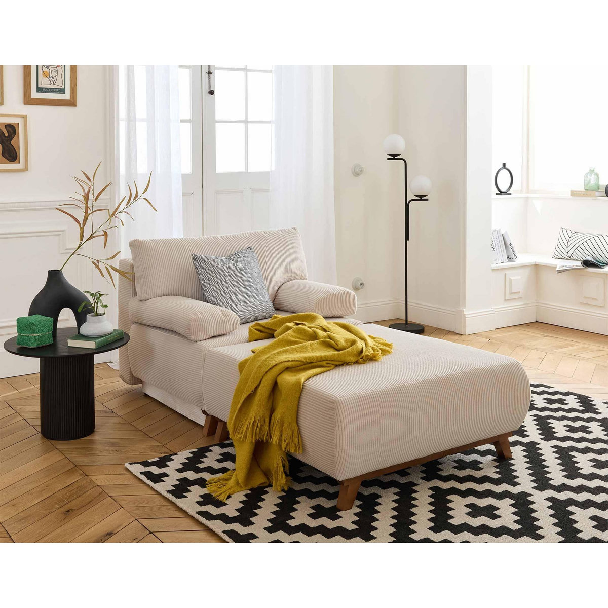 BEST MOBILIER Cristal - fauteuil - convertible avec coffre et grand pouf - en velours côtelé