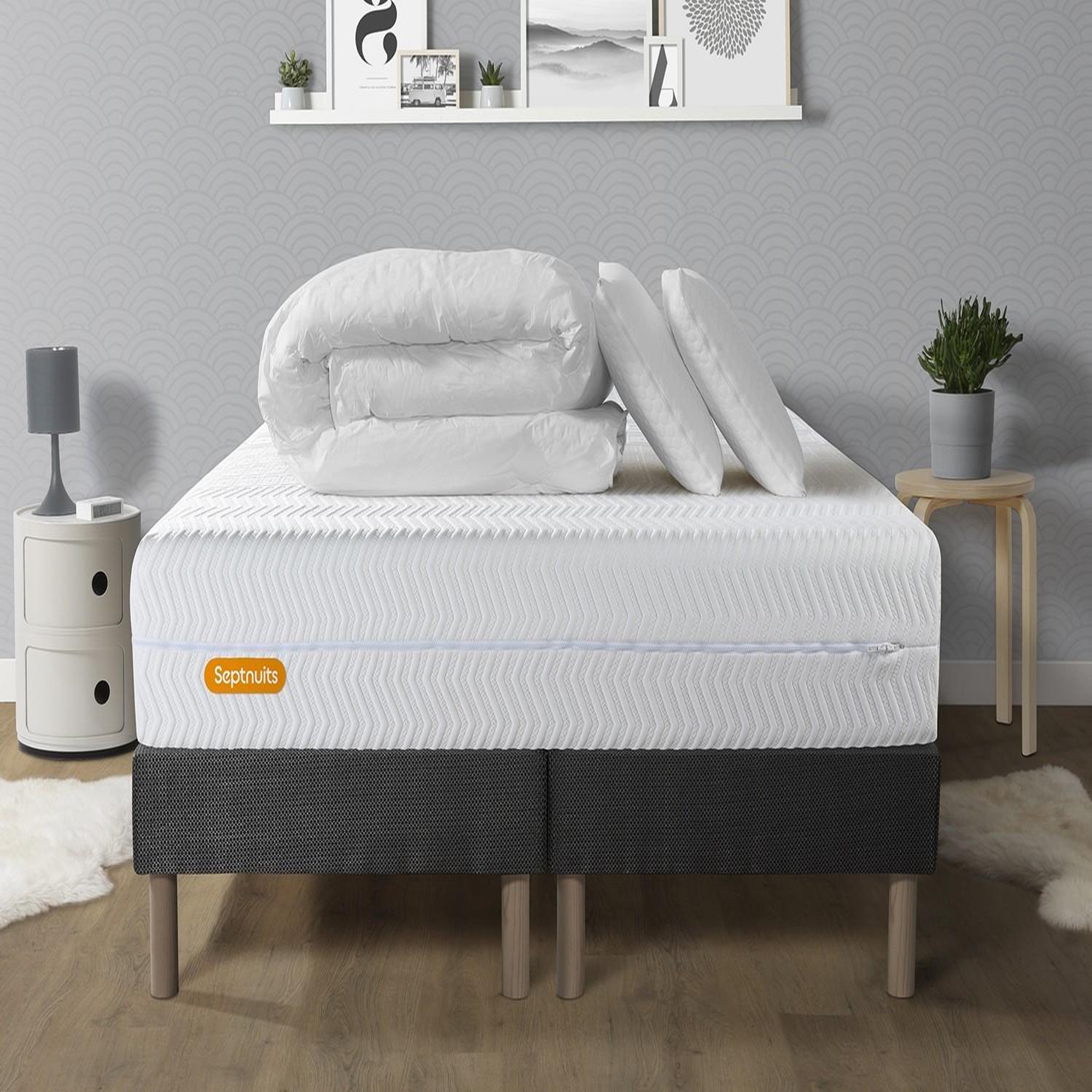 SEPTNUITS PACK Matelas + double sommiers gris  Memo Bio  Mousse à mémoire de forme 5 zones de confort Maxi épaisseur. Coloris disponibles : Gris