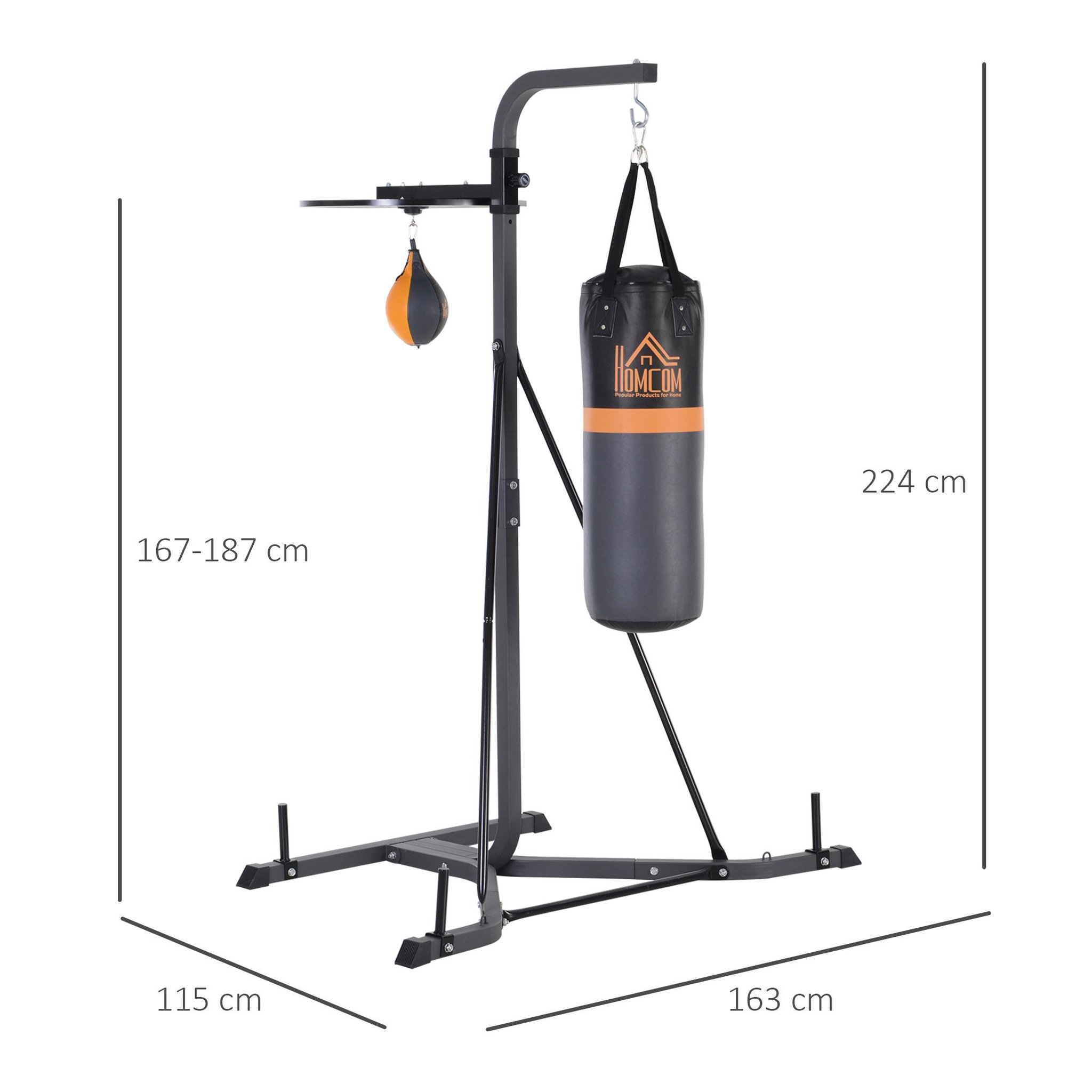 Voir la diapositive 3 : HOMCOM Portique sac de frappe plateforme station de boxe complète avec sac de frappe + poire de vitesse hauteur réglable 5 niveaux pompe à air fournie acier noir gris