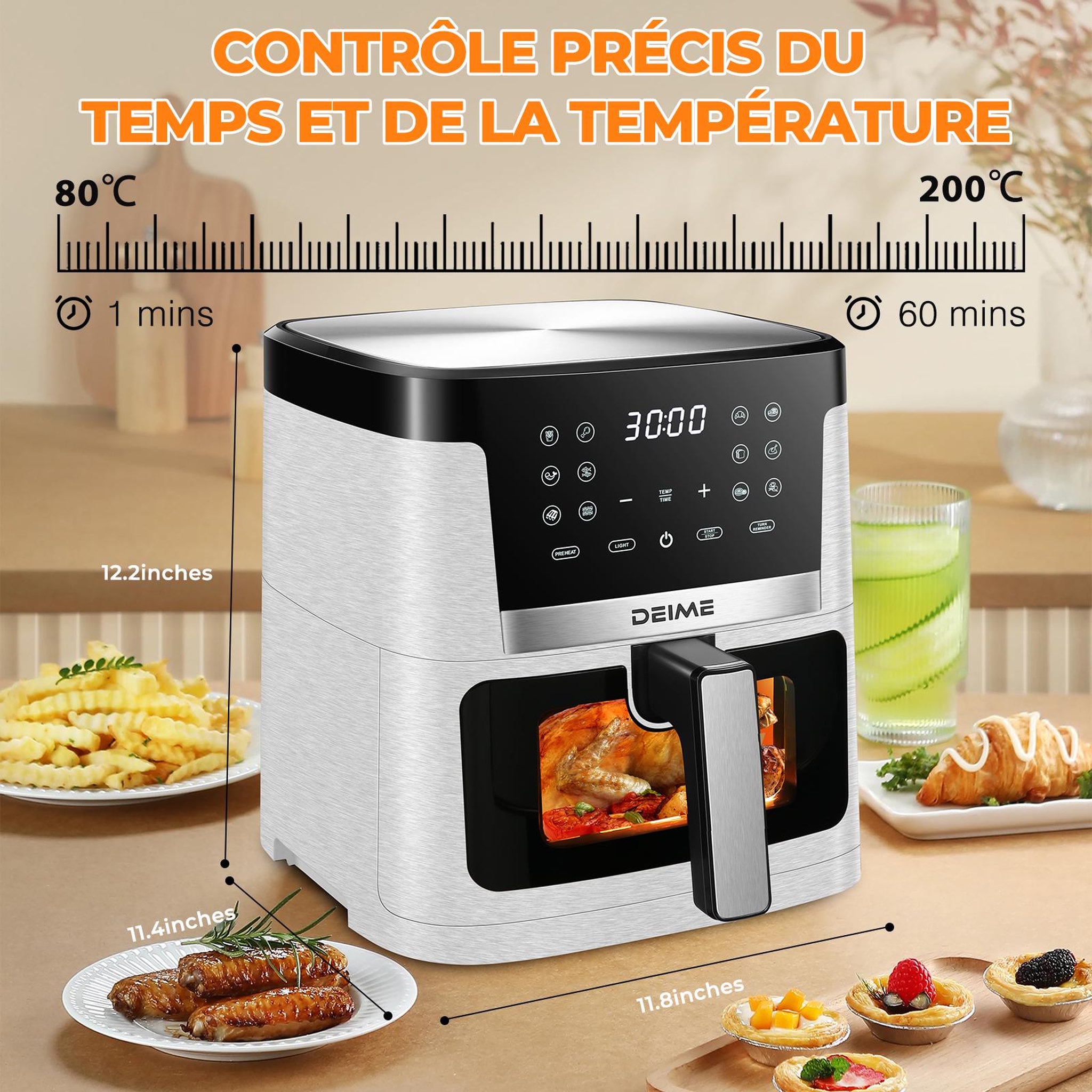 Voir la diapositive 2 : DEIME DEIME - Airfryer 7 l 1800 w 12 programmes avec vitre de cuisson – rouge métallisé