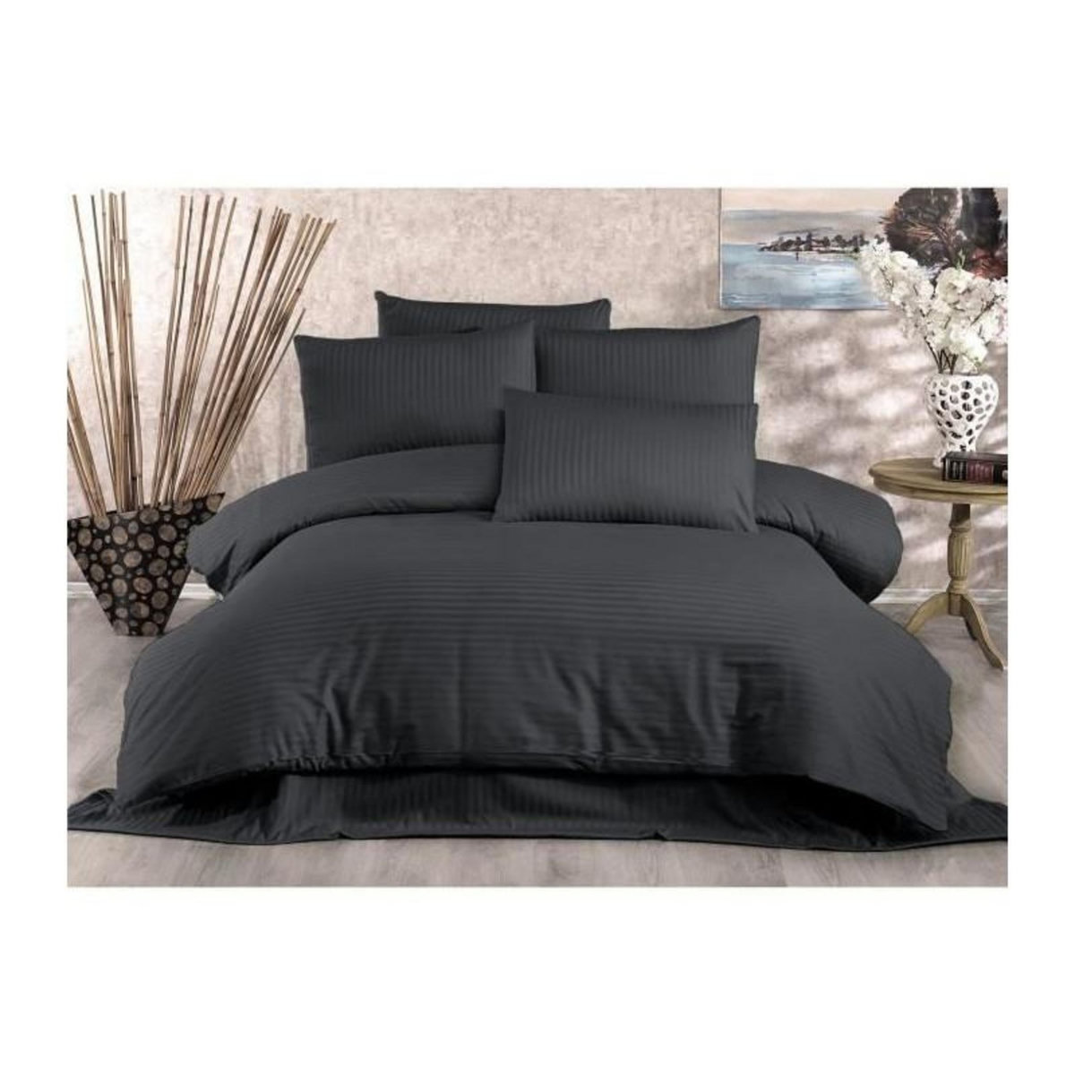 GENERIQUE Parure de lit - 1 housse de couette 220x240 cm + 2 taies d'oreiller 60x60 cm - 80% coton, 20% polyester - Anthracite