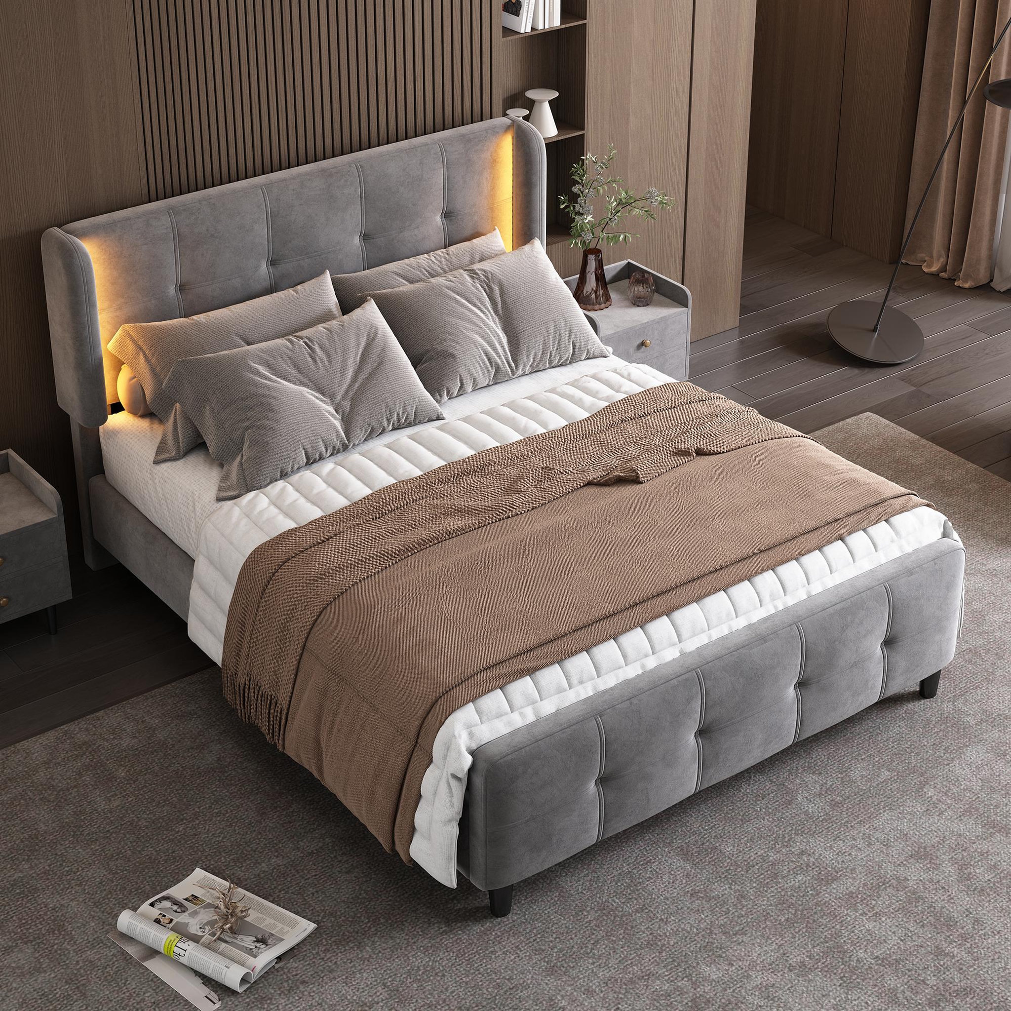 Voir la diapositive 4 : MERAX Lit 2 places rembourré 140x200cm velours coloris gris led