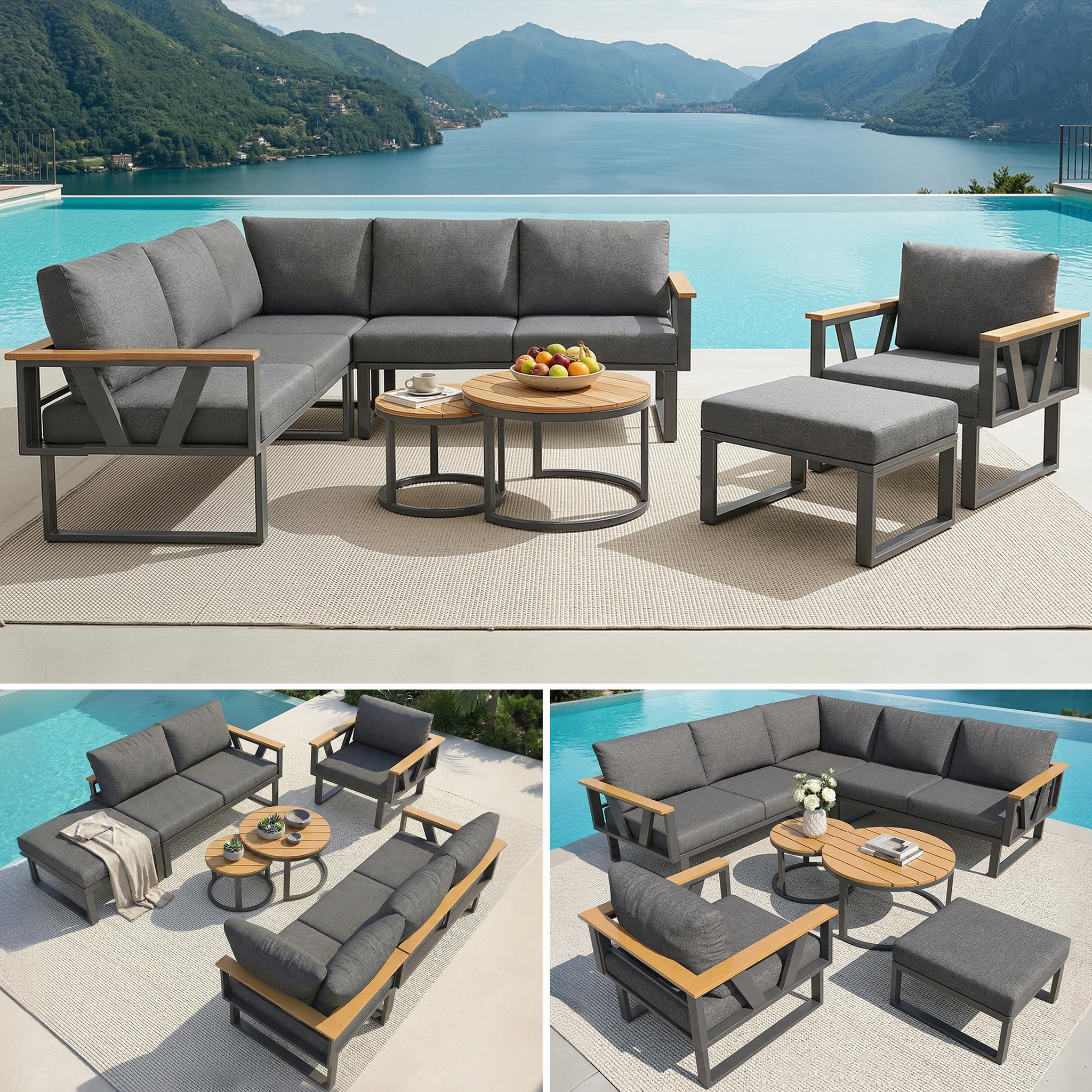 Voir la diapositive 5 : MERAX Salon de jardin 6 places en métal avec canapé d'angle, 2 tables basses en bois, fauteuils et coussins