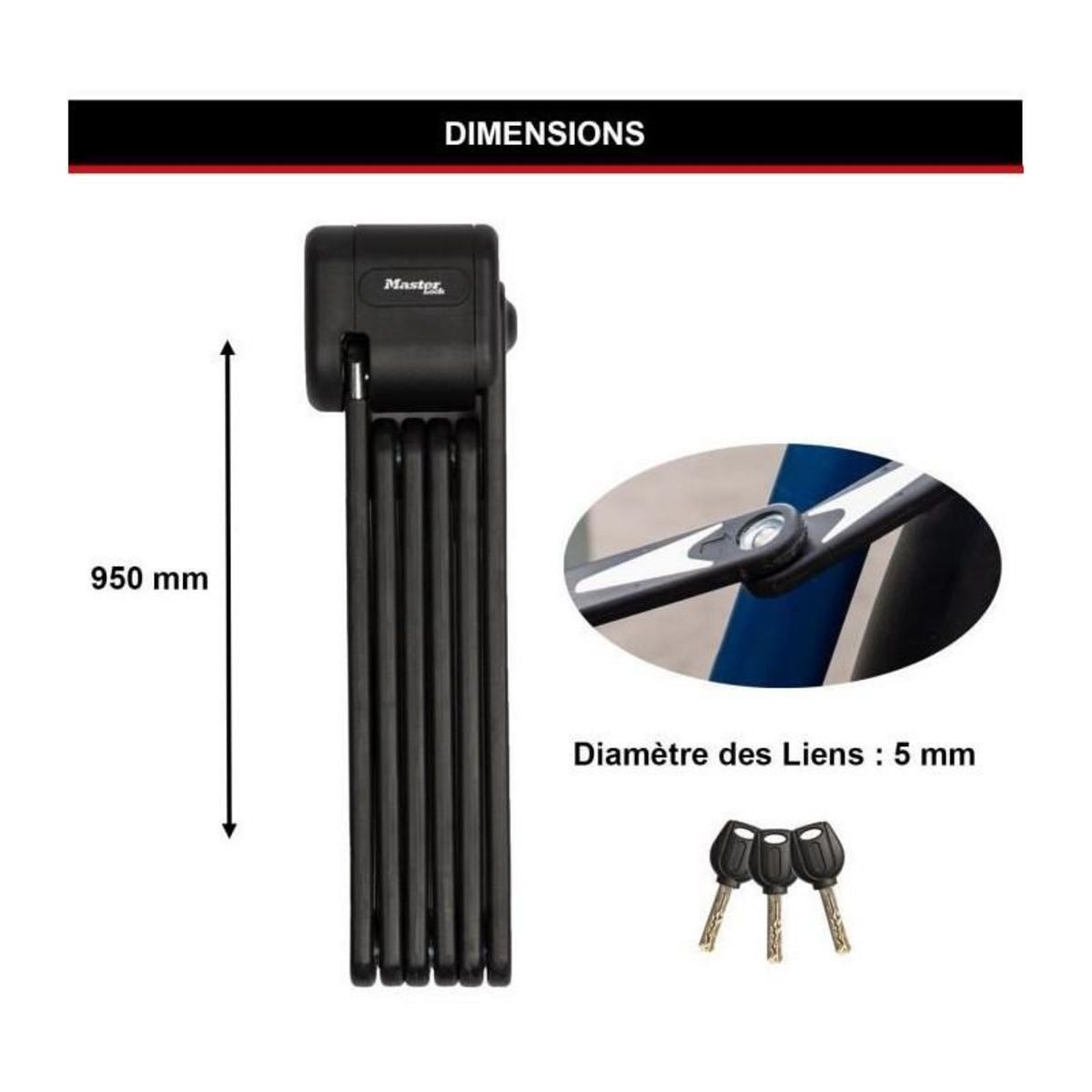 Master lock Antivol Vélo Pliabe Certifié en Acier Trempé, 3 clés, Support de transport Inclus