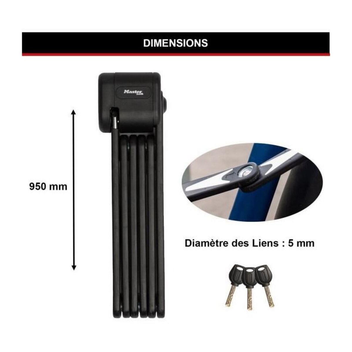 Master lock Antivol Vélo Pliabe Certifié en Acier Trempé, 3 clés, Support de transport Inclus