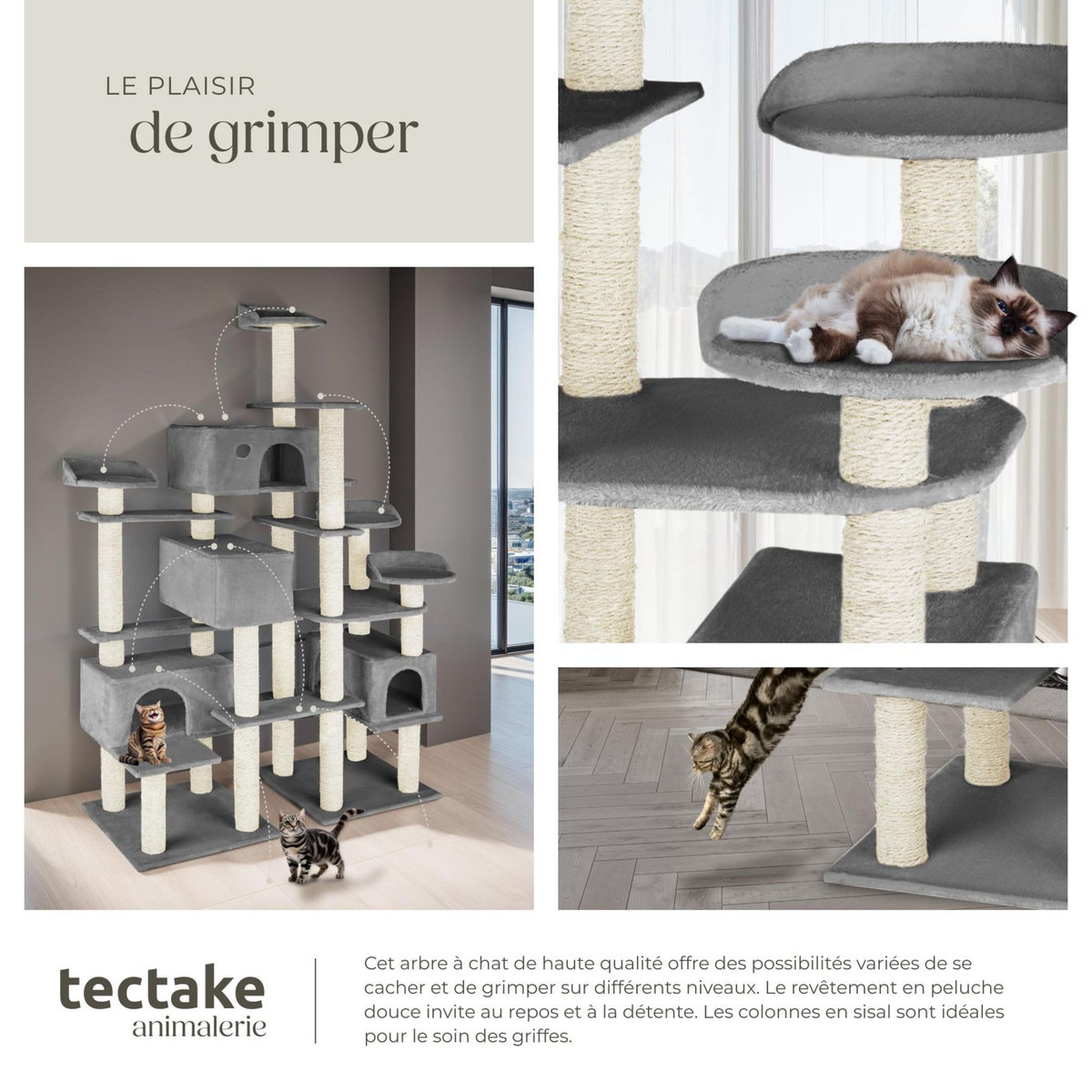 tectake Arbre à chat 214 cm avec griffoir et plateforme d'escalade gris