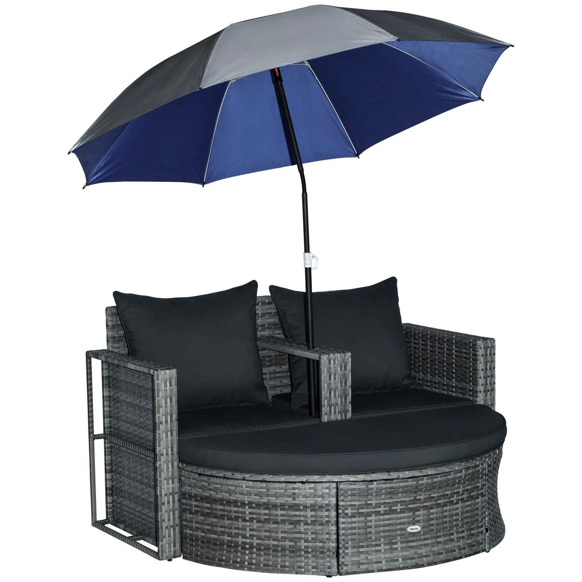 OUTSUNNY Ensemble salon de jardin 2 places 3 pièces - canapé 2 places, repose-pieds, parasol - coussins inclus - résine tressée gris