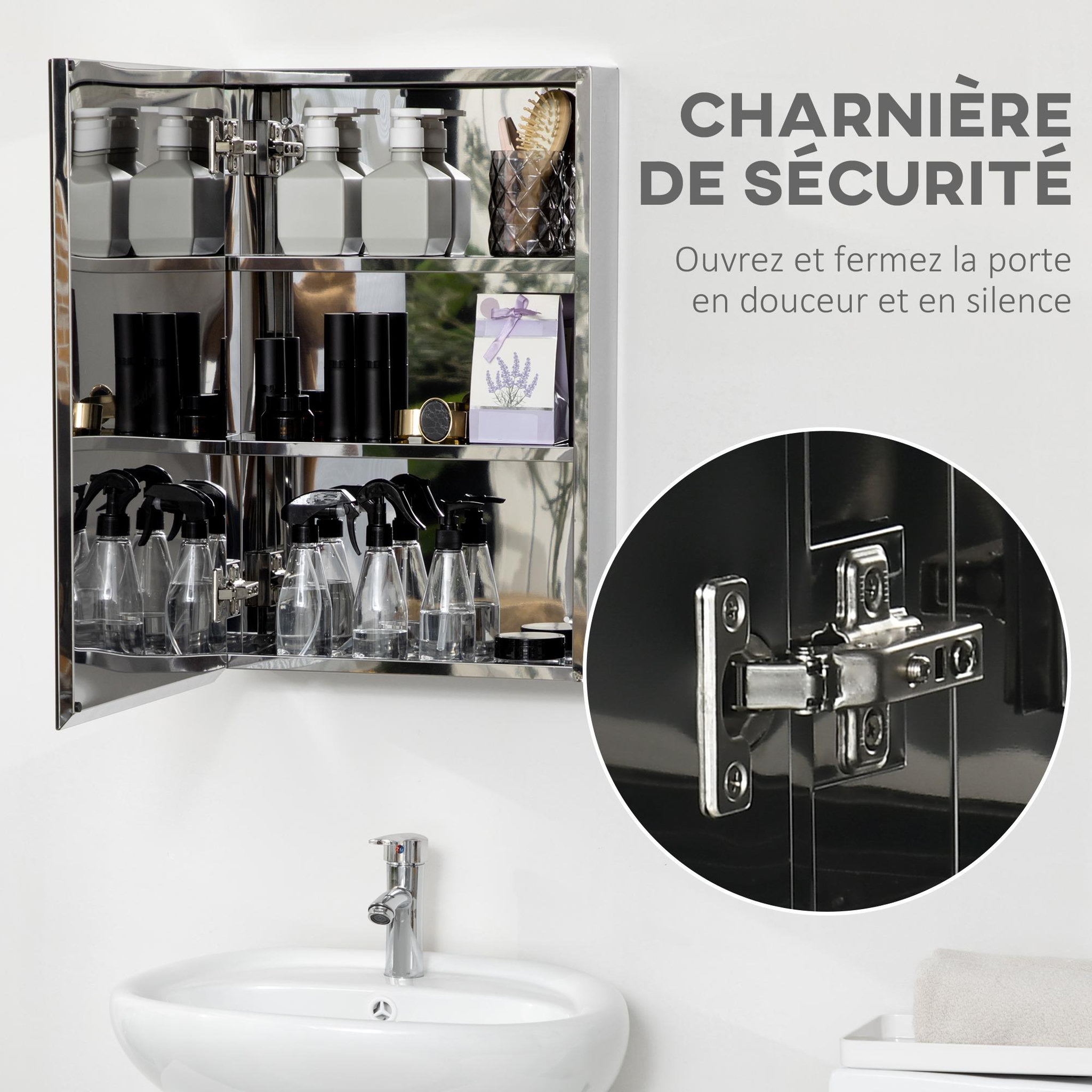 Voir la diapositive 6 : KLEANKIN Armoire miroir murale salle de bain toilette dim. 39l x 12l x 60h cm acier inox. Verre