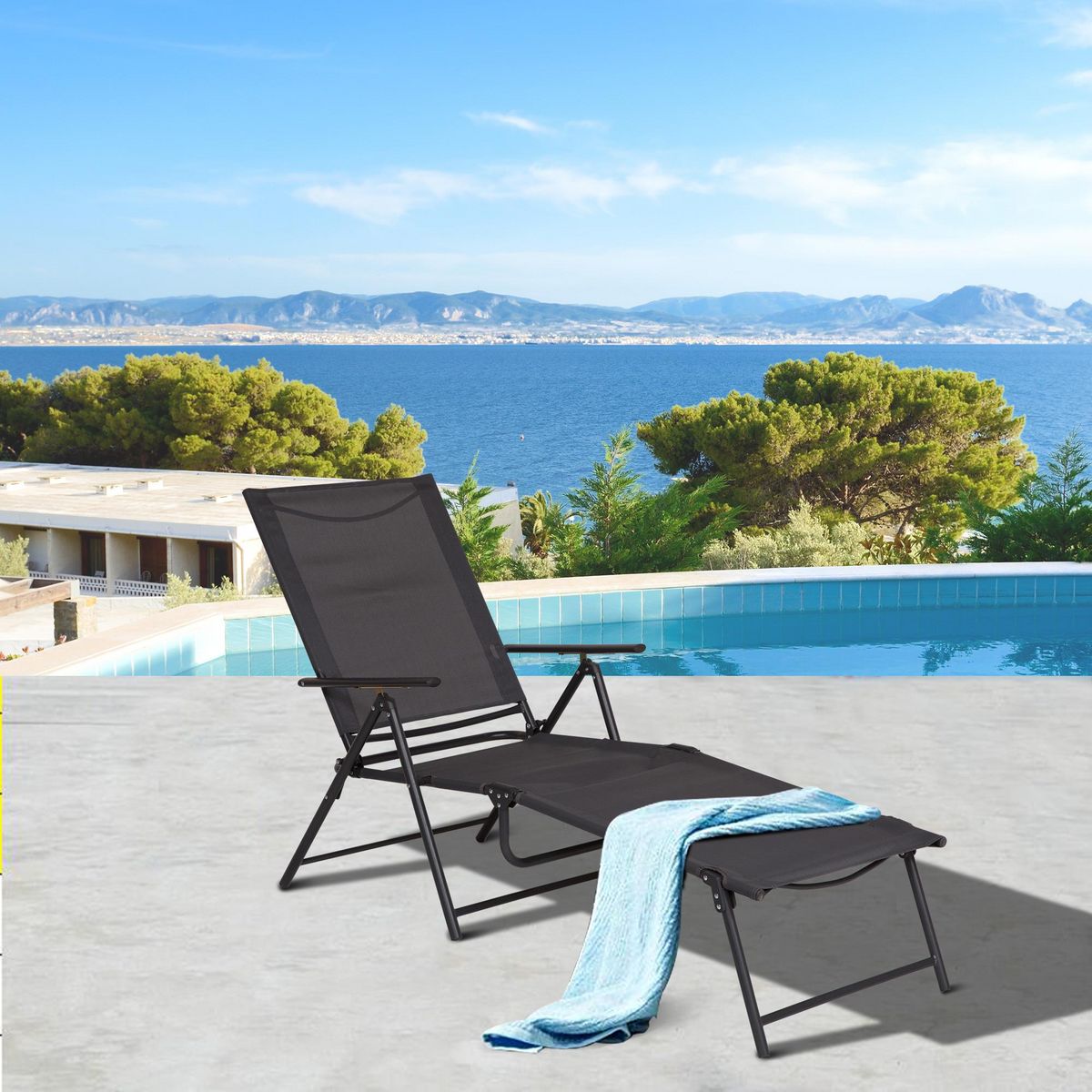OUTSUNNY Bain de soleil pliable transat inclinable 5 positions chaise longue grand confort avec accoudoirs dim. 152L x 65l x 100H cm métal époxy textilène gris