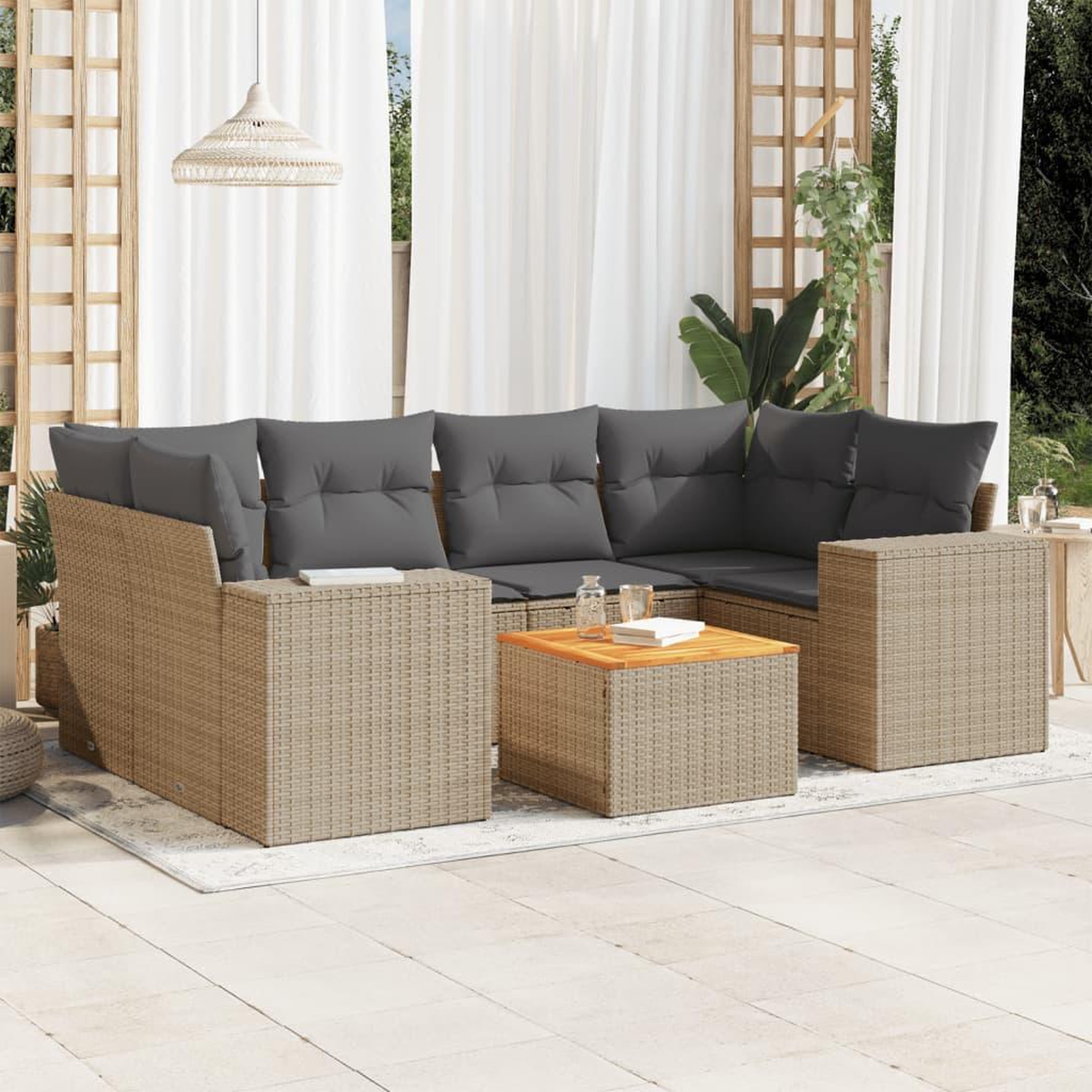 VIDAXL Salon de jardin avec coussins 7 pcs beige resine tressee