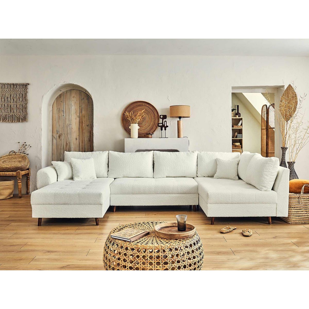 LISA DESIGN Rune - canapé panoramique d'angle droit - 7 places - avec pouf d'appoint - en tissu bouclette