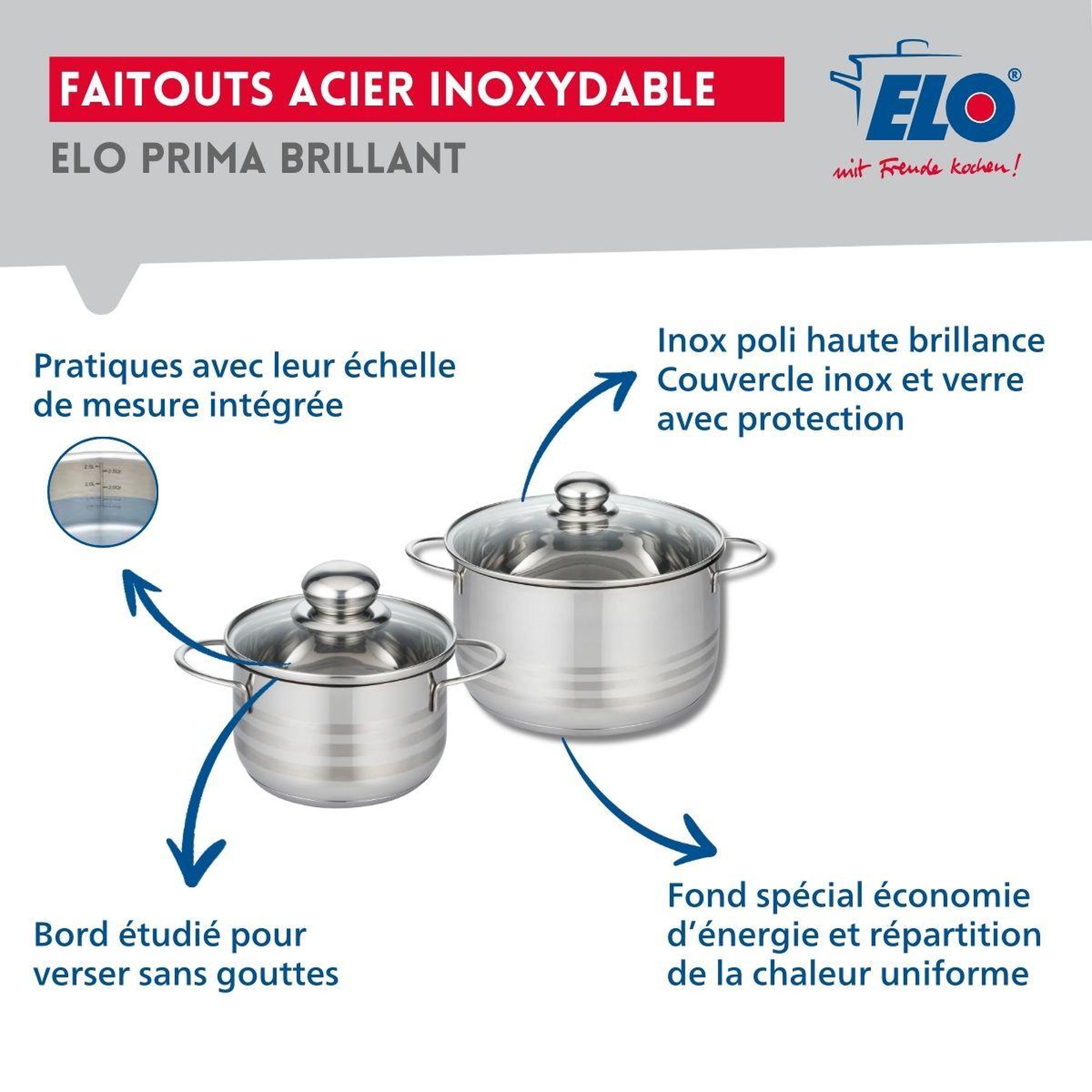 Voir la diapositive 3 : ELO Ensemble de 2 poêles de cuisson 20 et 32 cm et 2 faitouts 16 et 20 cm elo prima brillant