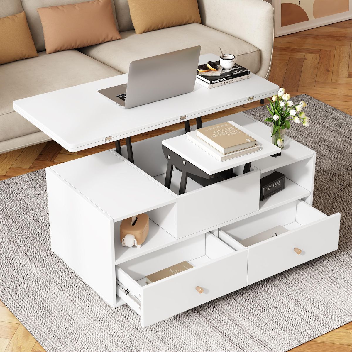 MERAX Table basse relevable rectangulaire blanc - 50x100 cm mdf