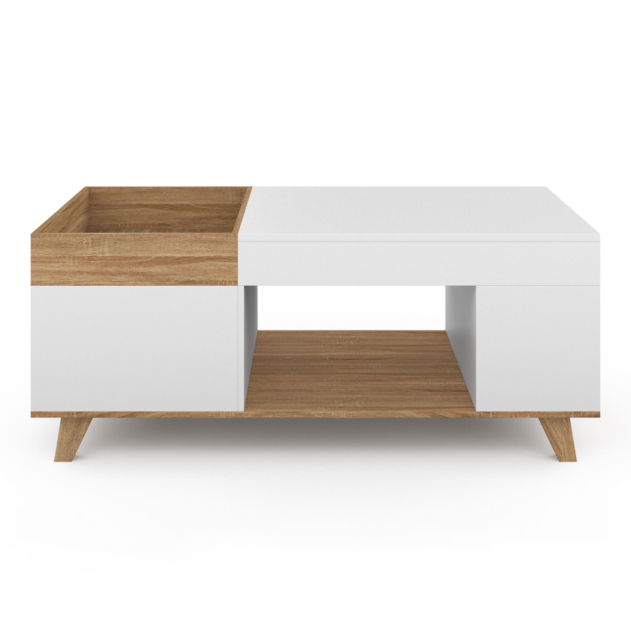 Voir la diapositive 3 : ID MARKET Table basse rectangulaire plateau relevable et plateau amovible avec coffre lola bois et blanc