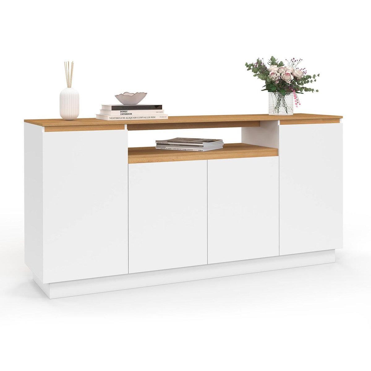 ID MARKET Buffet 160 cm SERENA 4 portes avec niche centrale blanc et plateau effet bois