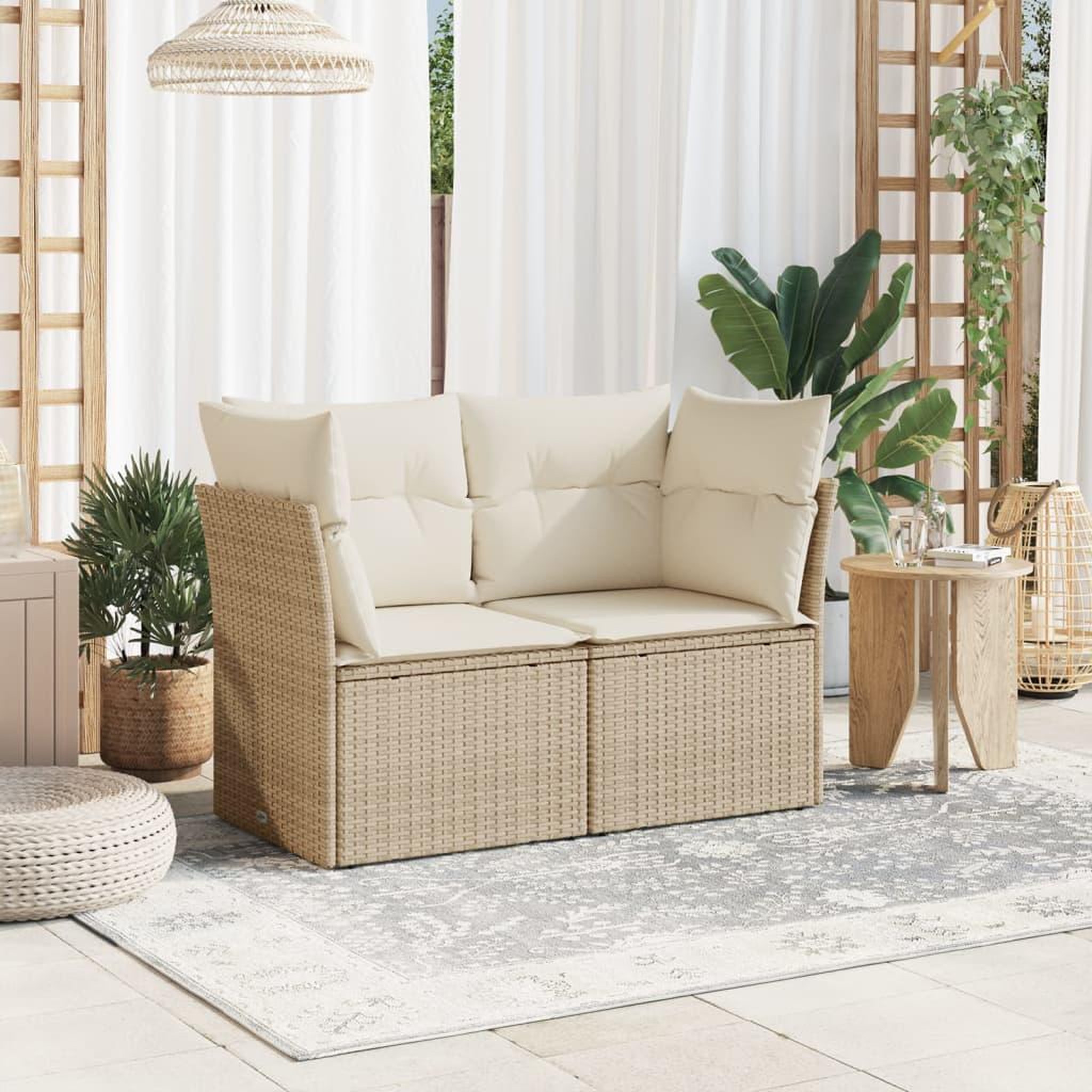 Voir la diapositive 3 : VIDAXL Canape de jardin avec coussins 2 places beige resine tressee