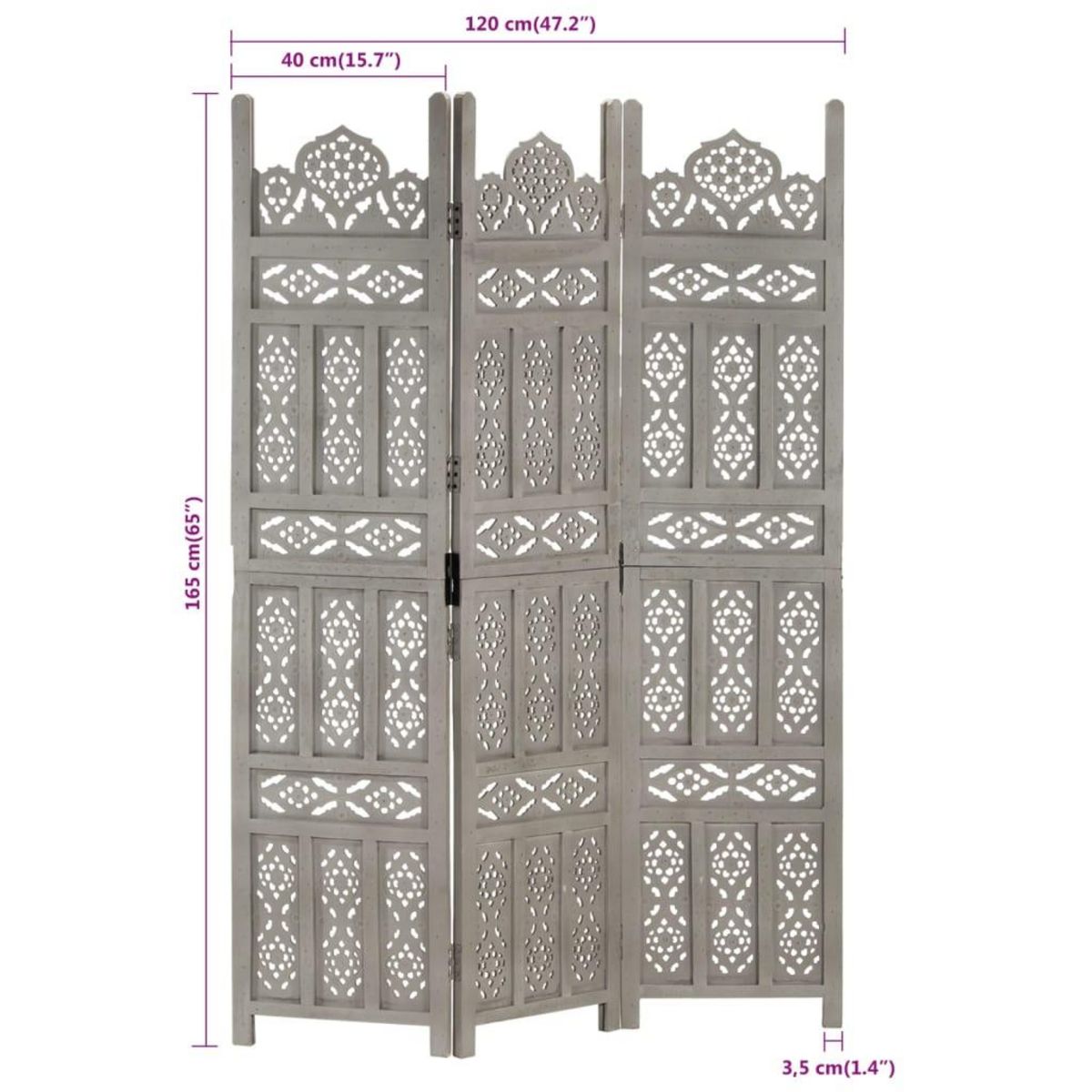 VIDAXL Cloison de separation 3 panneaux Gris 120x165 cm Bois manguier