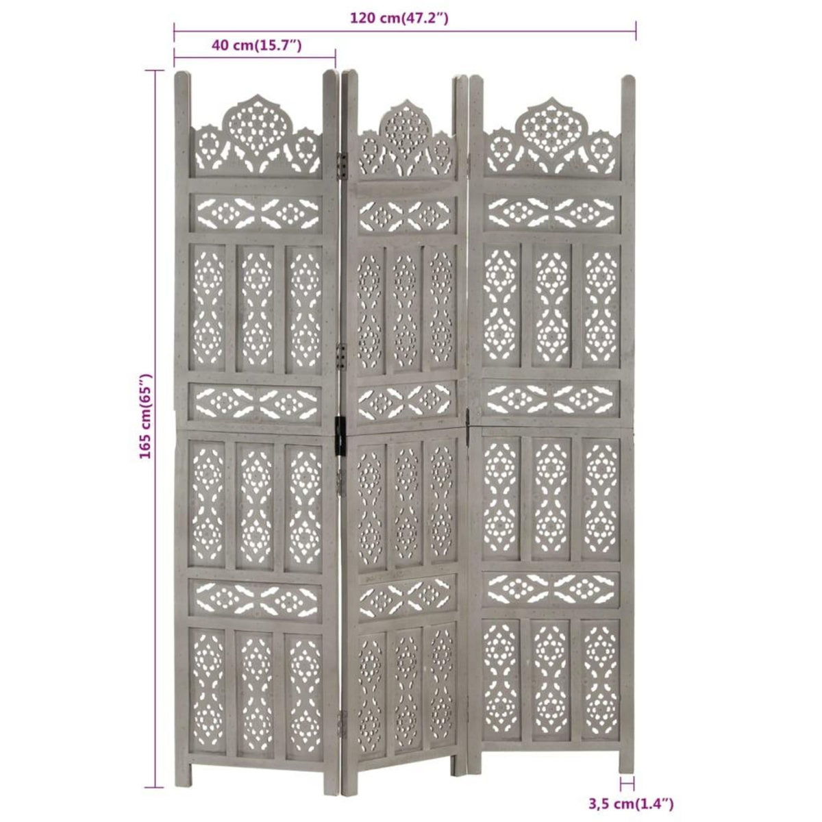 VIDAXL Cloison de separation 3 panneaux Gris 120x165 cm Bois manguier