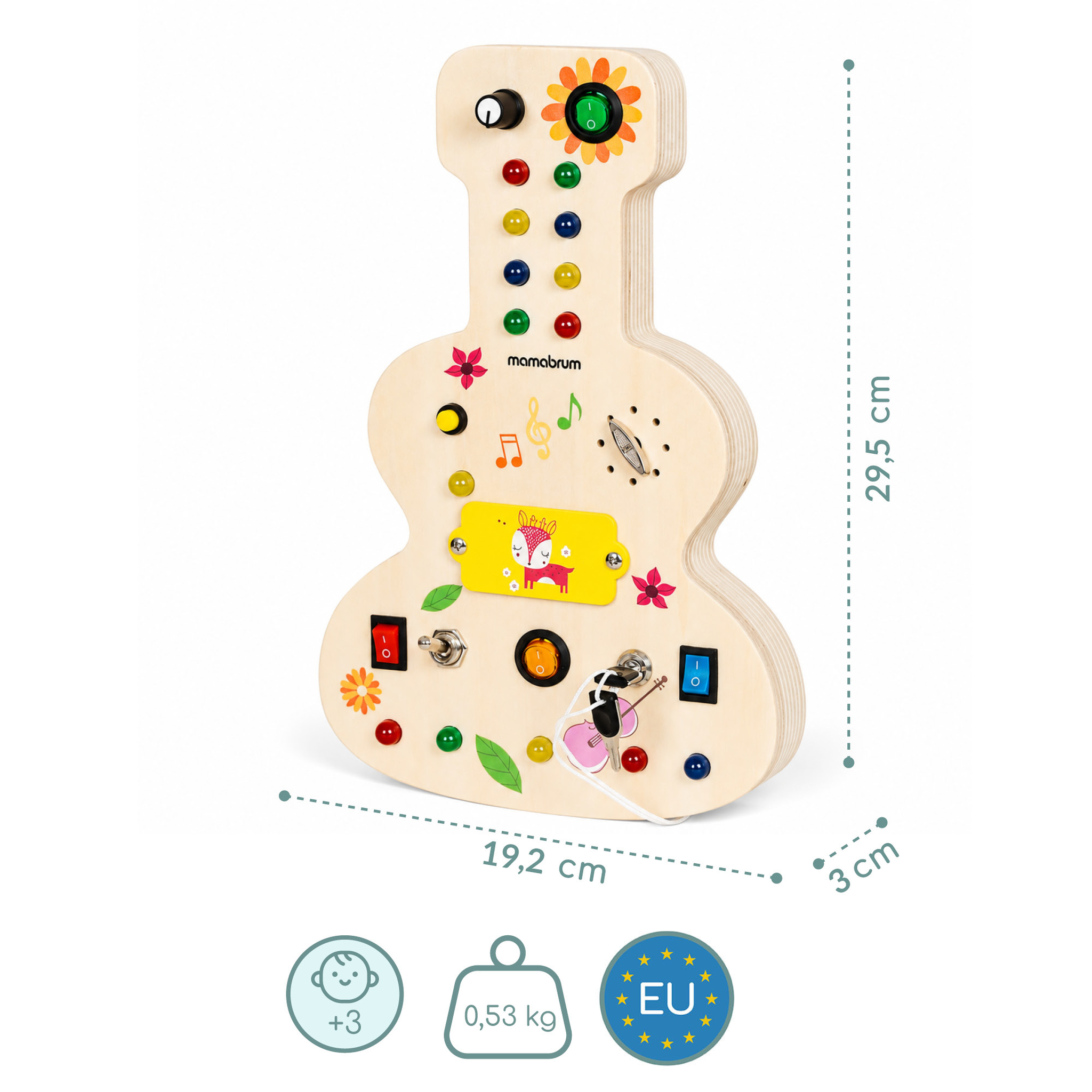 Voir la diapositive 3 : MAMABRUM Planche de Manipulation Bois en Forme de Guitare - Signales Lumineux et Sons Musique Enfant Mamabrum