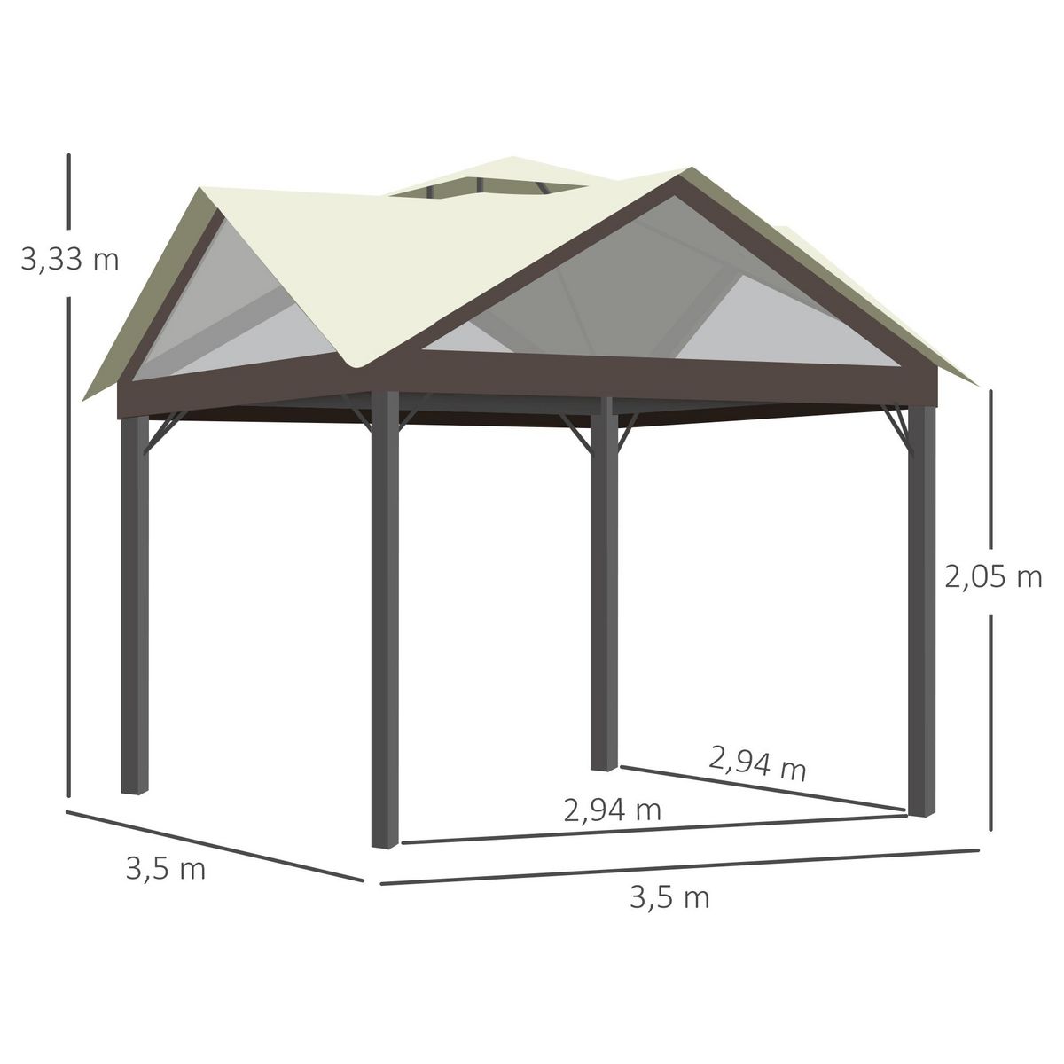 OUTSUNNY Pavillon de jardin style colonial - barnum double toit, 4 fenêtres, rideaux - dim. 3,5L x 3,5l x 3,33H m - métal noir polyester marron beige