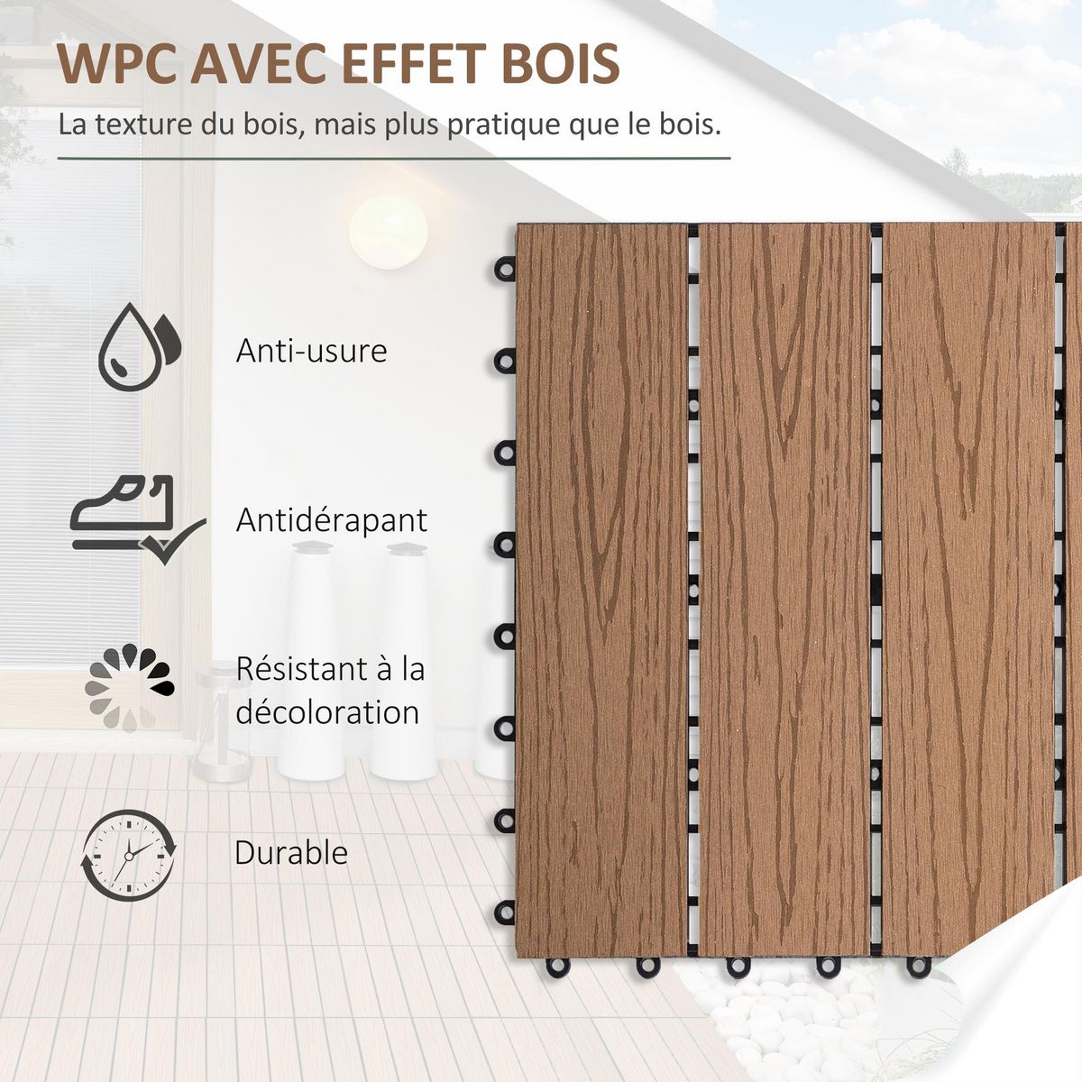 OUTSUNNY Caillebotis - dalles terrasse - lot de 11 - clipsables, installation très simple - lamelles composite aspect bois