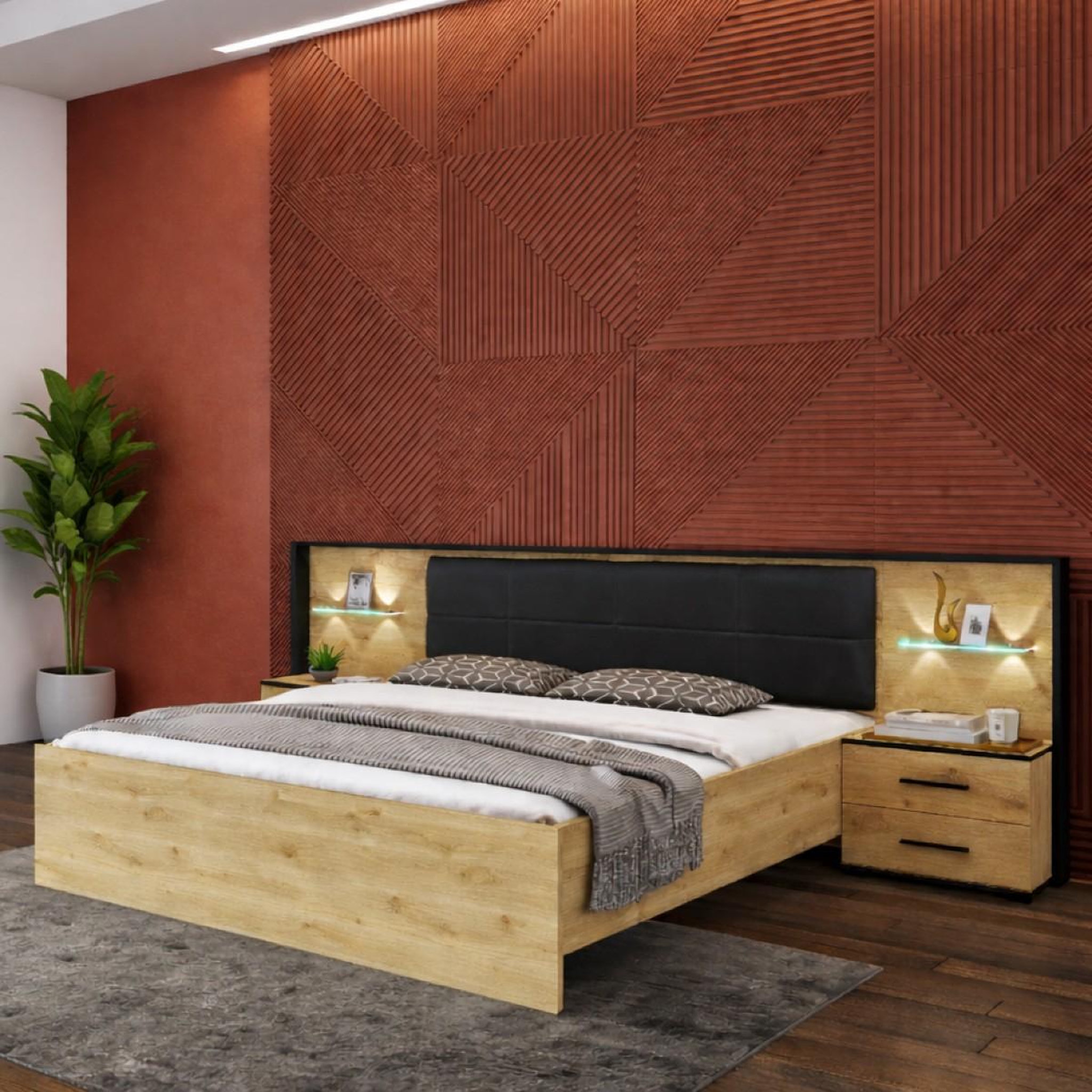Voir la diapositive 2 : JLC KREATION Lit moderne en bois avec led 160x200cm amelia