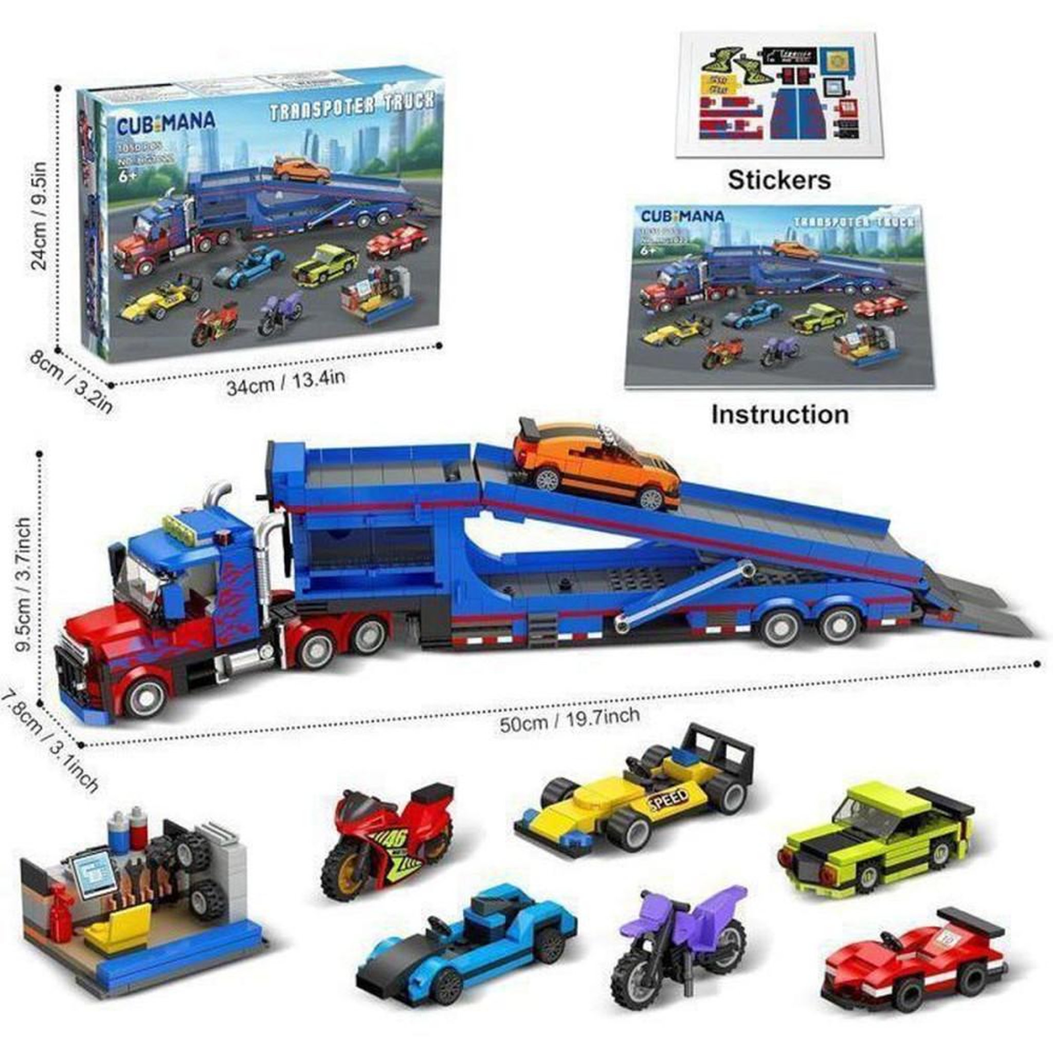 Voir la diapositive 6 : Jeu de construction camion transporteur 1050 pièces avec rampe ajustable, cabines ouvrante et toit amovible, atelier et mini voitures