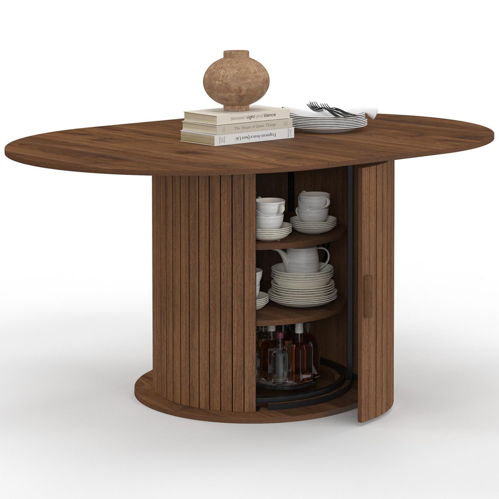 ID MARKET Table à manger extensible ronde juliette 4-8 personnes pied lattes avec rangement coloris noyer 110-150 cm