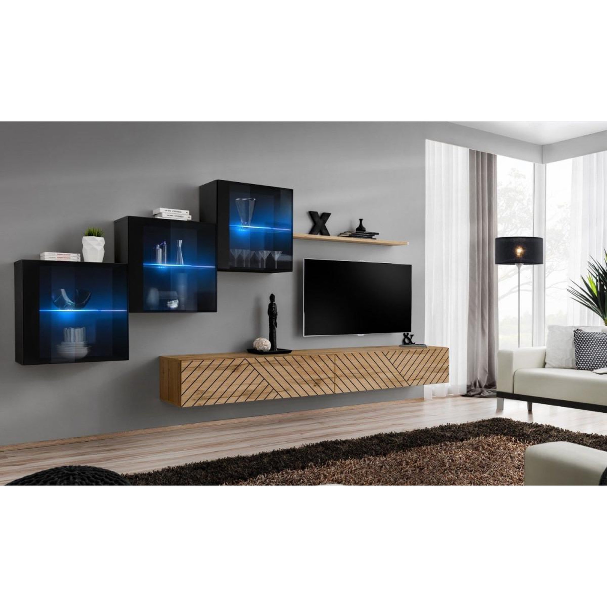Voir la diapositive 2 : Paris Prix Ensemble meuble tv  switch lamel xx  330cm naturel & noir