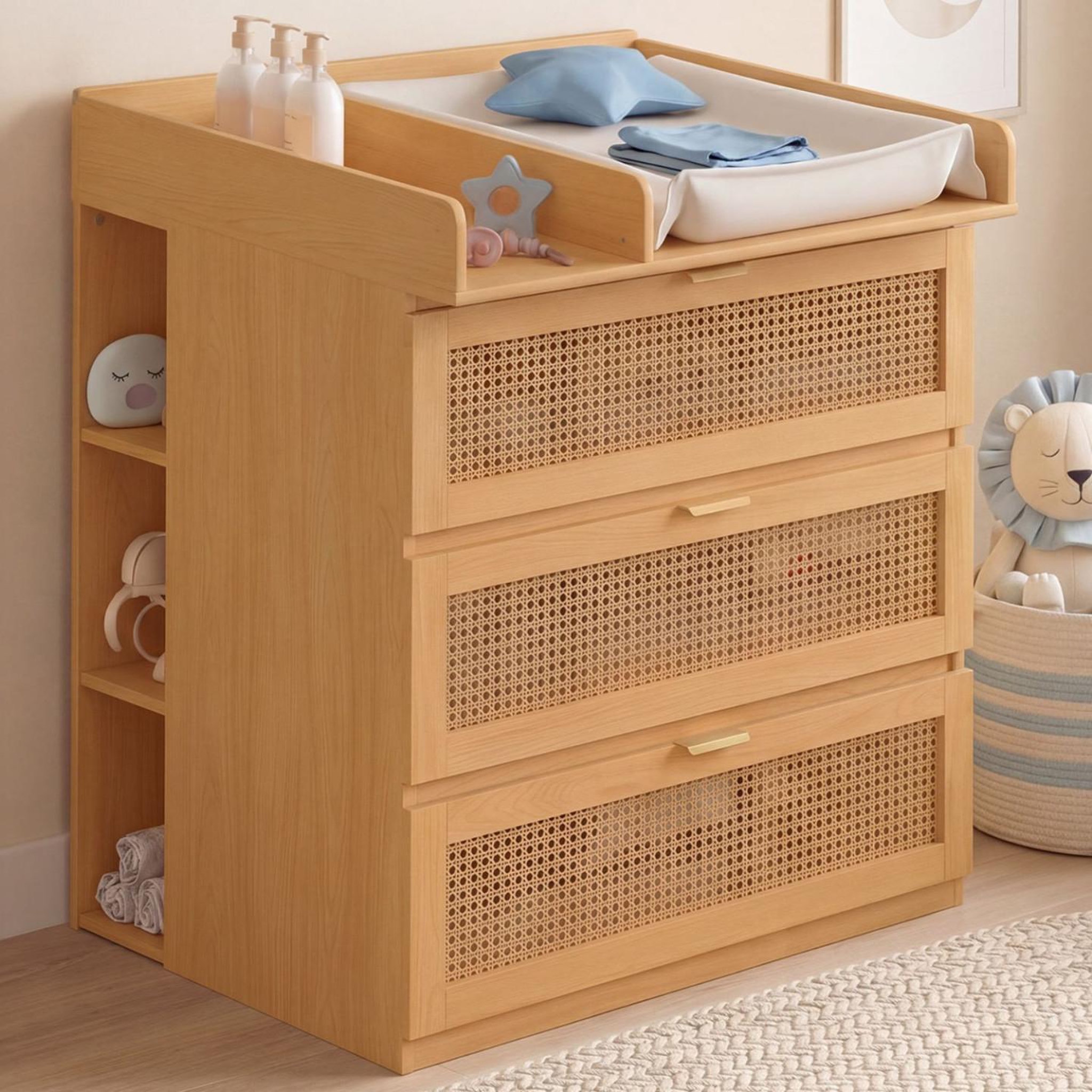 Voir la diapositive 2 : ID MARKET Commode à langer évolutive edhen bois et cannage 3 tiroirs, table à langer et 2 étagères amovibles