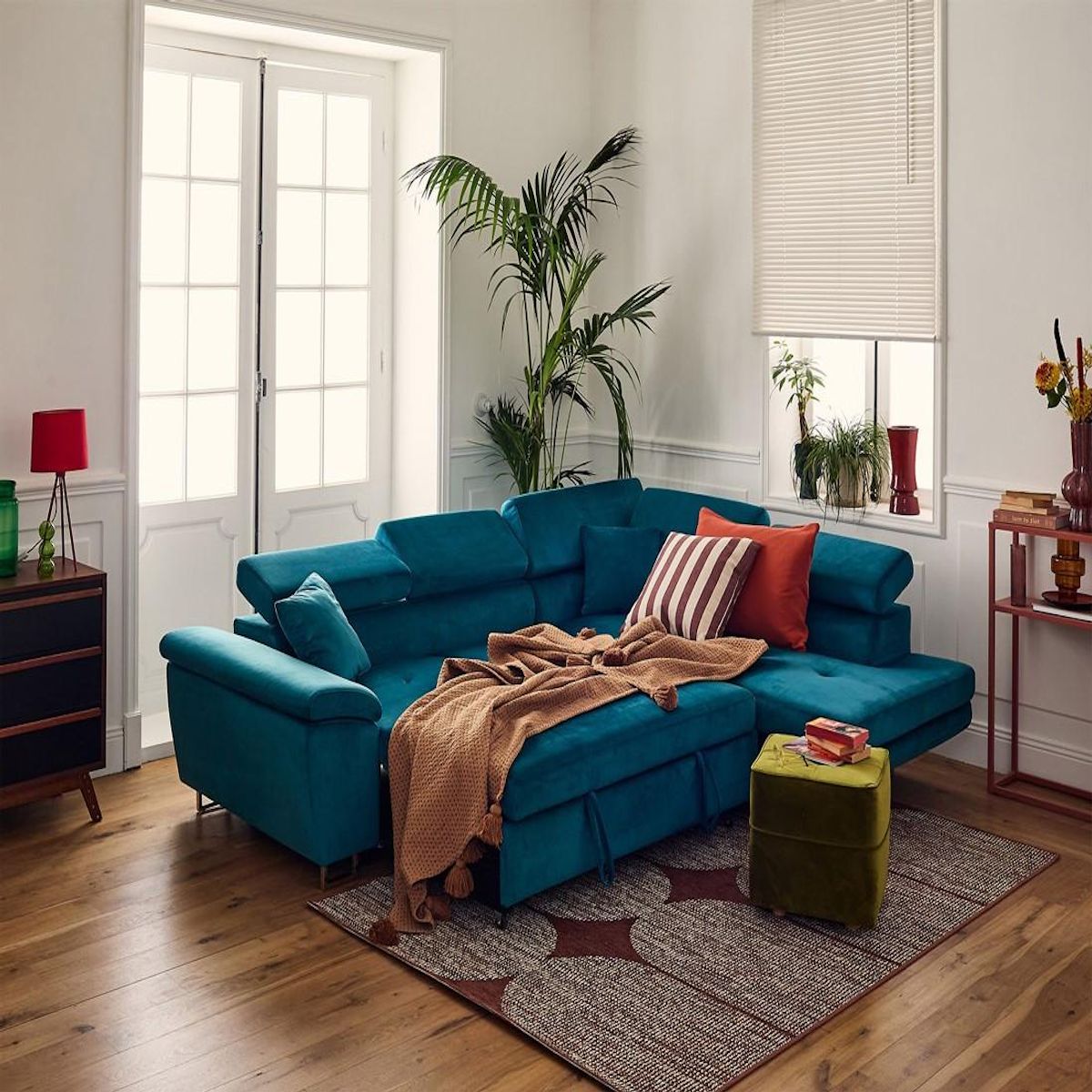 BEST MOBILIER Dimas - canapé d'angle droit 5 places - convertible avec coffre et têtières réglables - en velours