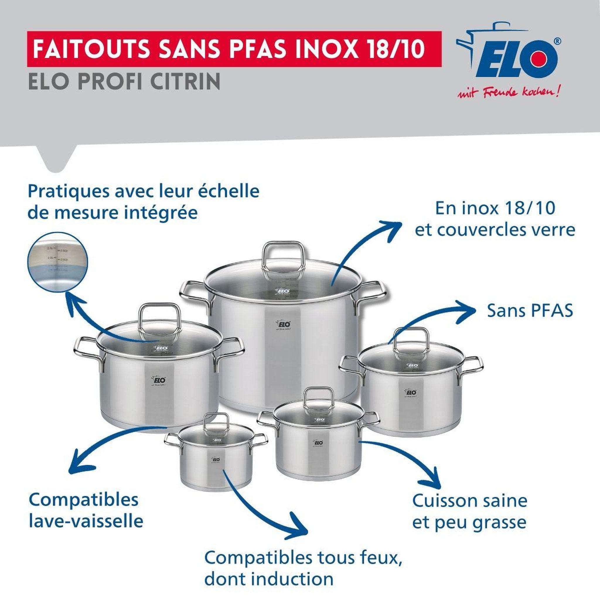 Voir la diapositive 3 : ELO Ensemble de 2 poêles de cuisson 24 et 28 cm et 5 faitouts 12, 14, 16, 20 et 26 cm elo profi citrin
