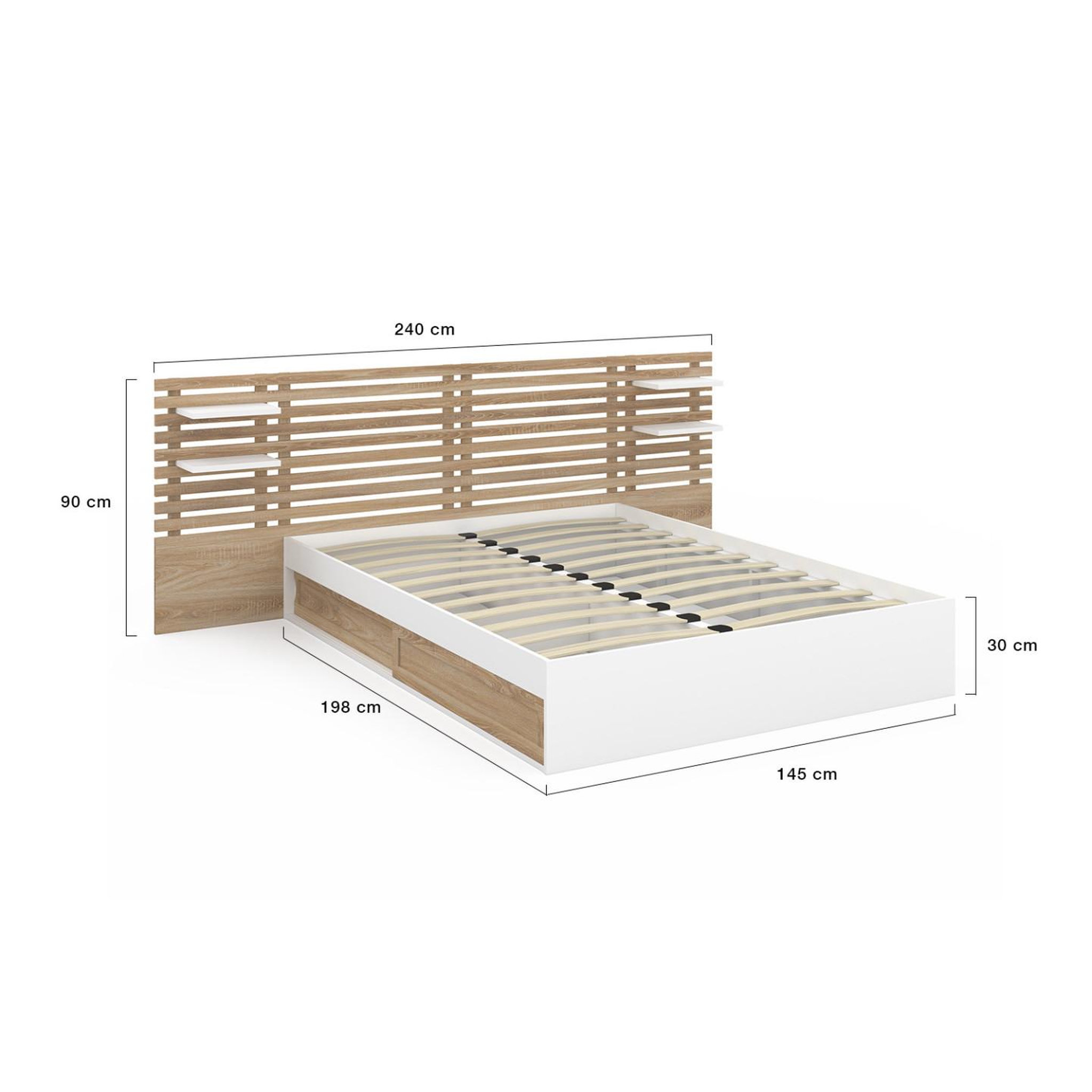 Voir la diapositive 5 : ID MARKET Lit double savana avec tête de lit, chevets, rangements et sommier 140 x 190 cm hêtre et blanc