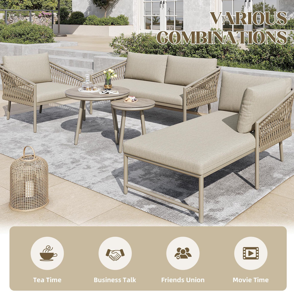 MERAX Salon de jardin 6 places en acier avec canapé, fauteuil, chaise, 2 tables verre bois,kaki