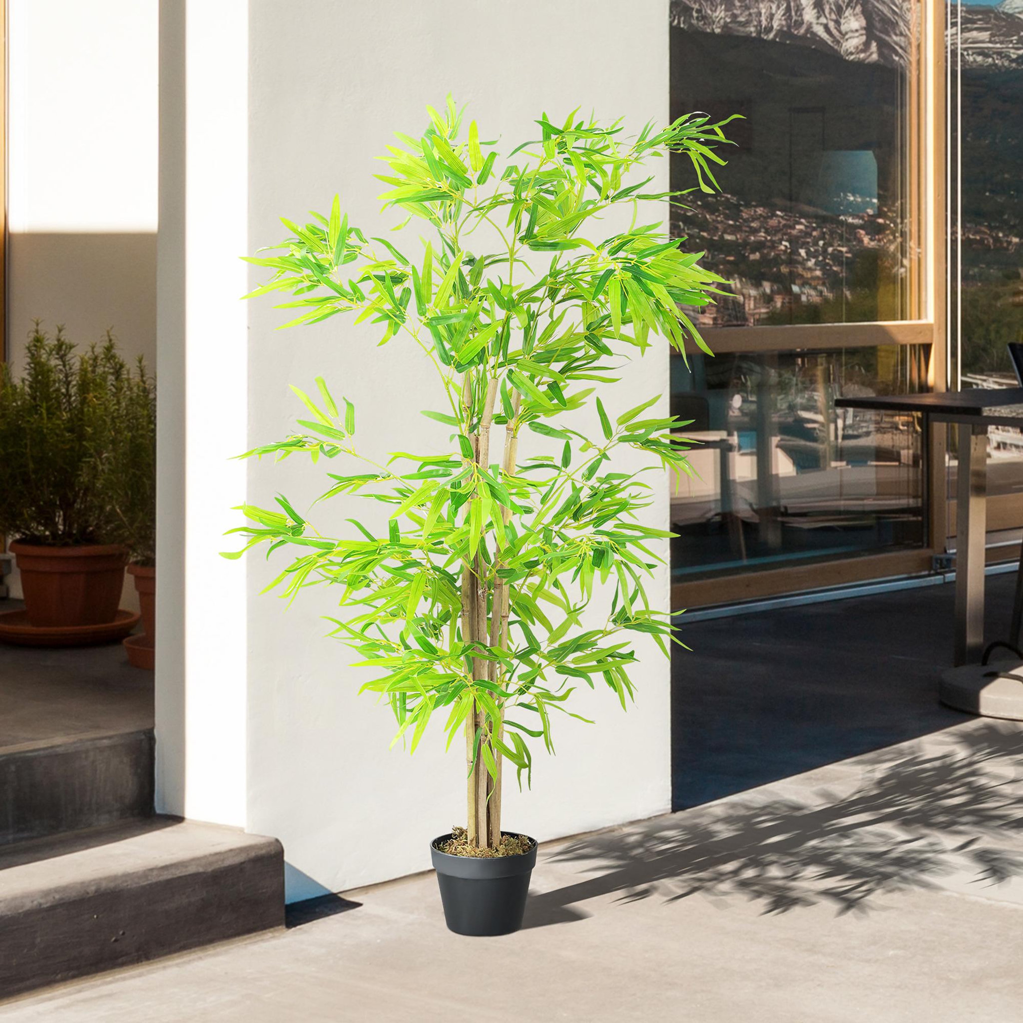 Voir la diapositive 5 : OUTSUNNY Bambou Artificiel Hauteur 1,5 m 644 Feuilles denses réalistes Pot Inclus Noir avec Lichen Vert