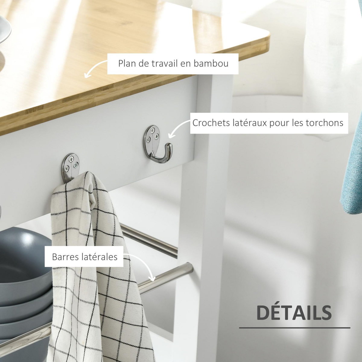 HOMCOM Desserte de cuisine multi-rangements - dim. 73L x 50l x 91H cm - poignées métal MDF blanc plateau bois bambou verni