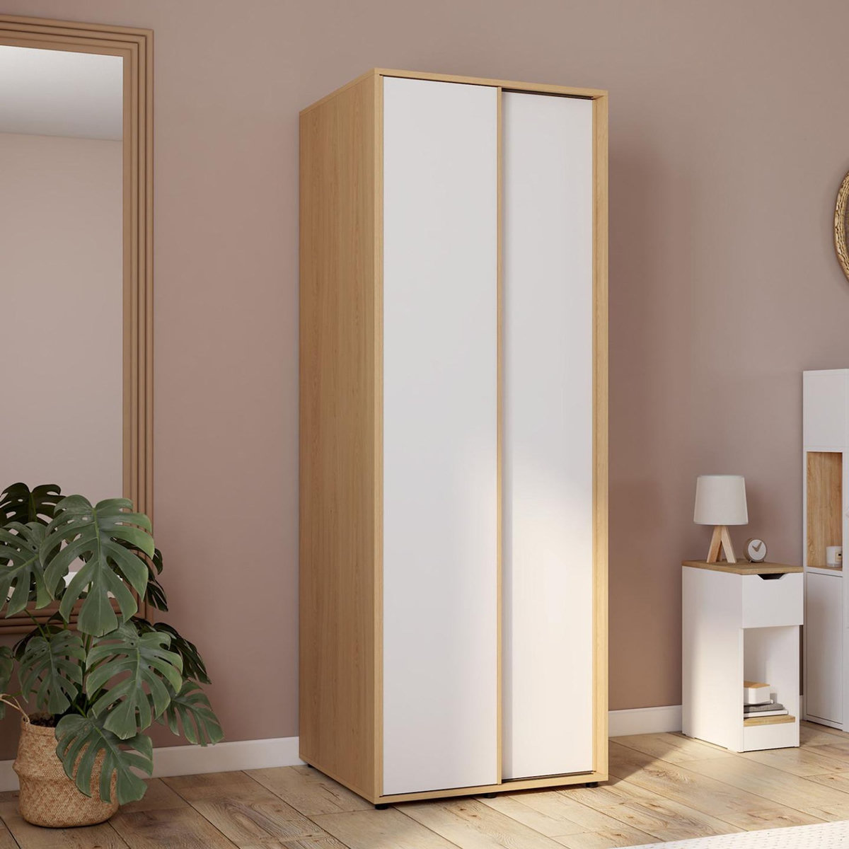 ID MARKET Armoire 2 portes coulissantes SLIDEA bois et blanc 60 cm penderie avec étagère