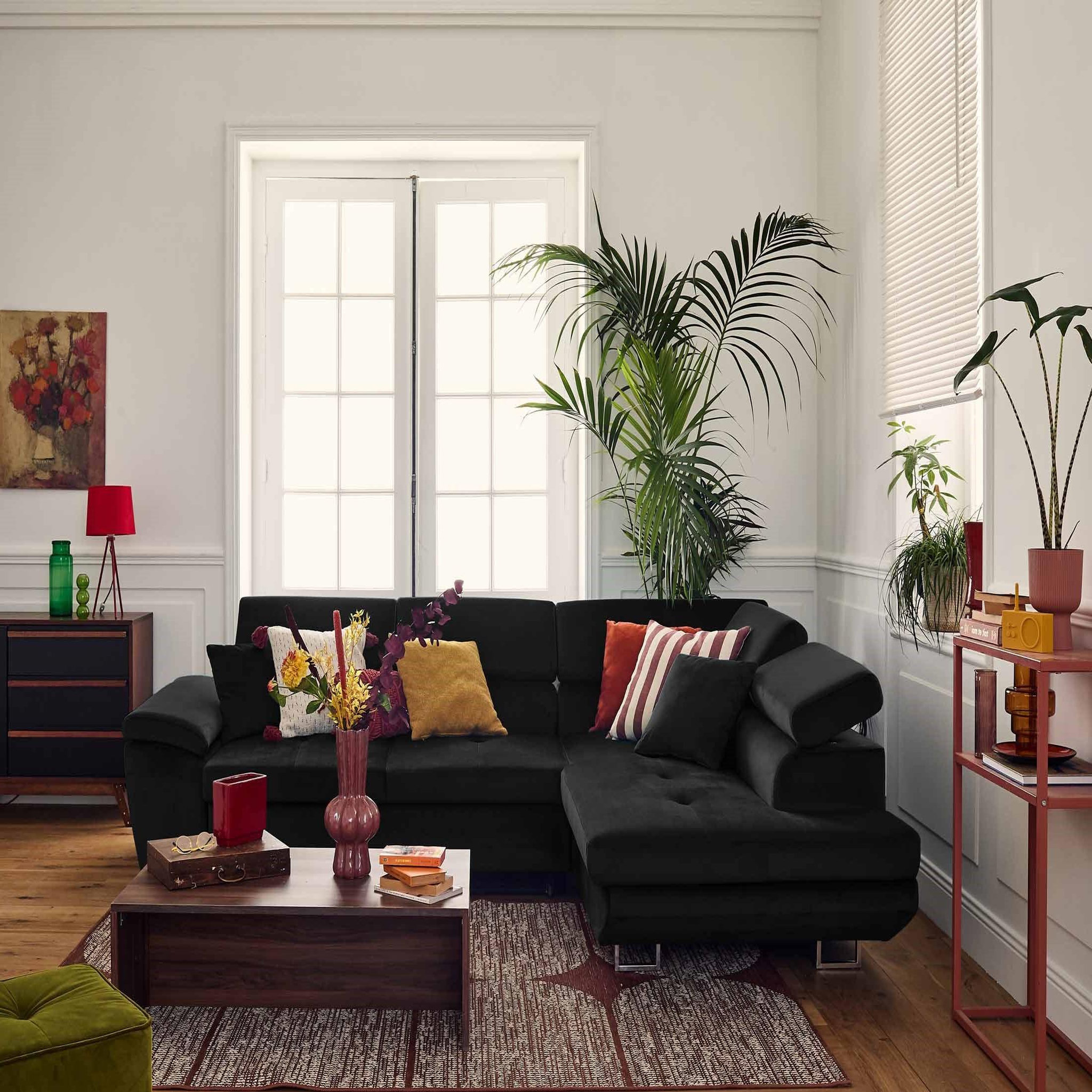 Voir la diapositive 6 : BEST MOBILIER Dimas - canapé d'angle droit 5 places - convertible avec coffre et têtières réglables - en velours