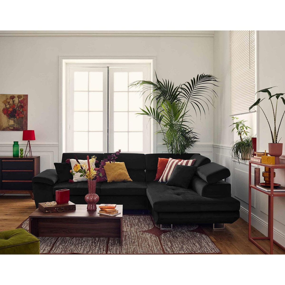 BEST MOBILIER Dimas - canapé d'angle droit 5 places - convertible avec coffre et têtières réglables - en velours