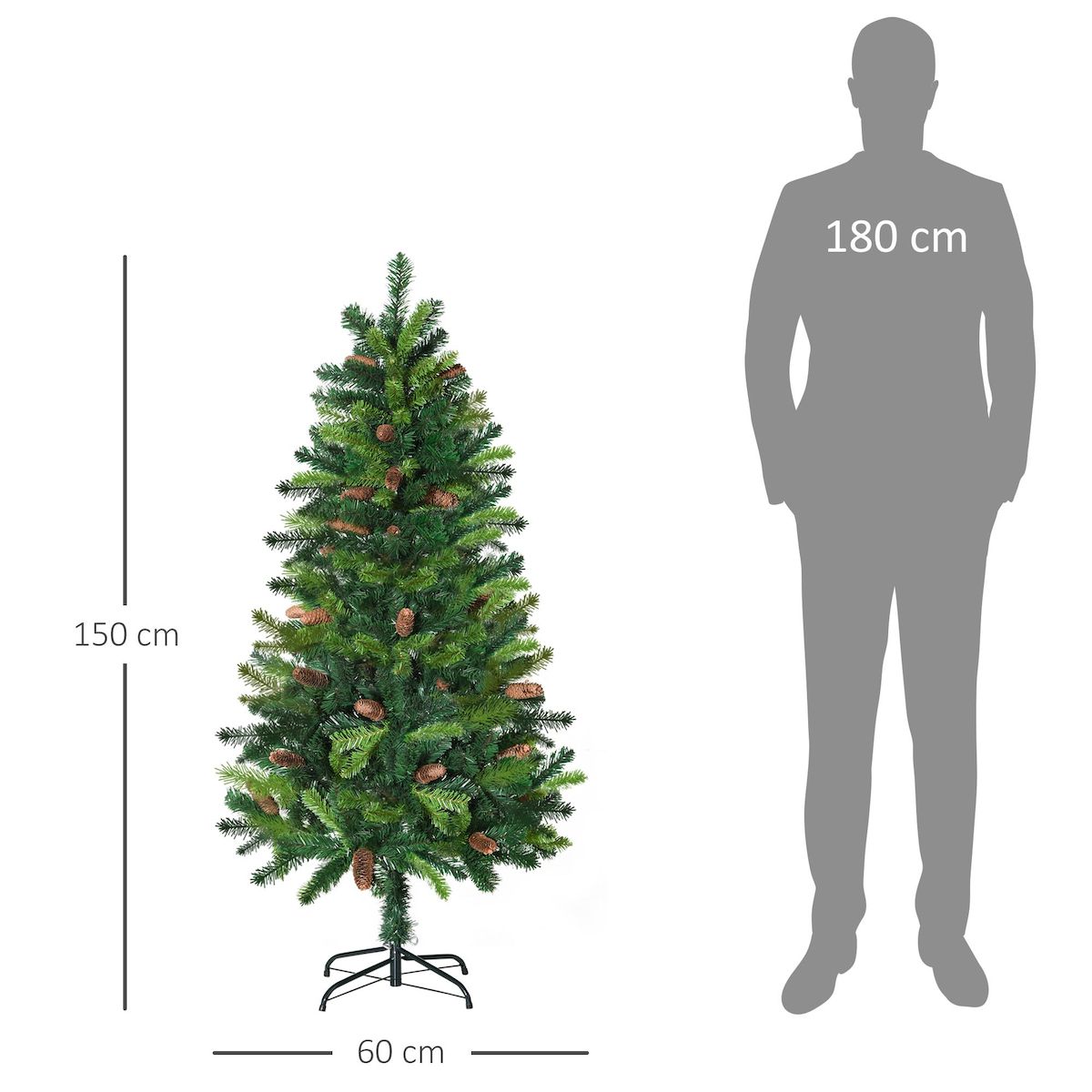 HOMCOM Sapin de Noël artificiel aspect réaliste Ø 60 x 150H cm 24 pommes de pin 360 branches imitation Nordmann