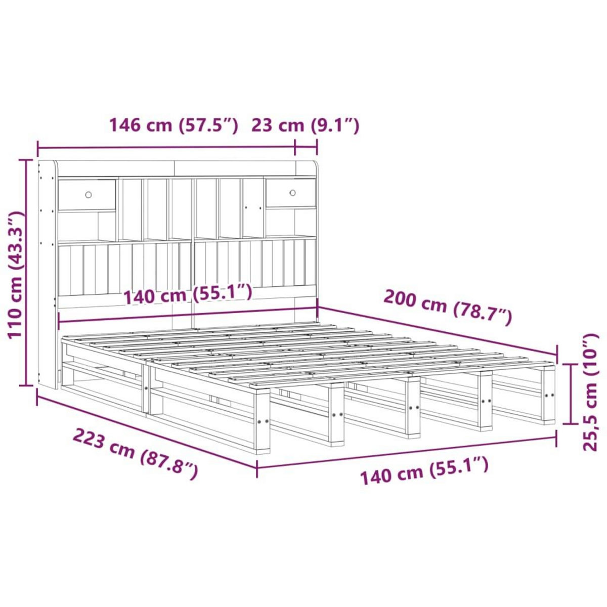 VIDAXL Lit bibliotheque sans matelas 140x200 cm bois massif de pin