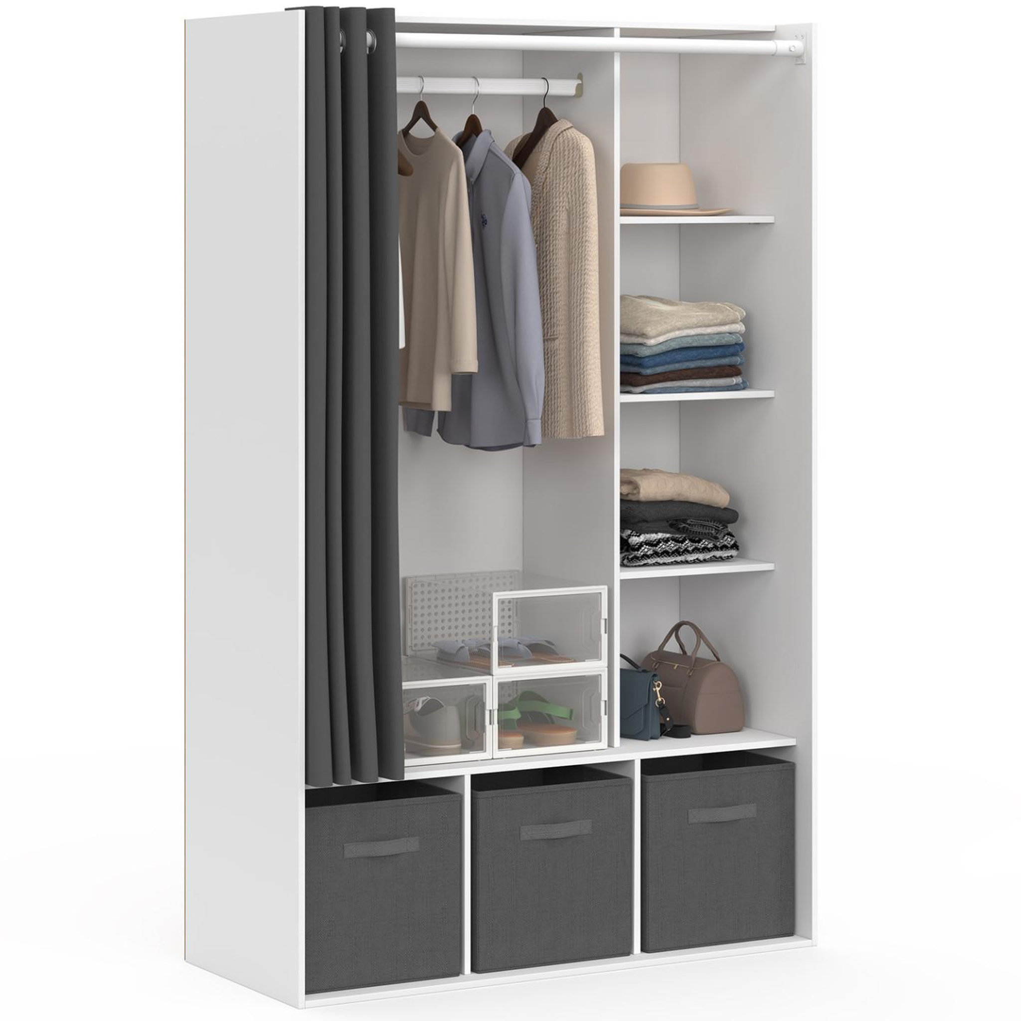 ID MARKET Dressing penderie diane 105 x 45 x 167 cm blanc avec étagères + boites de rangement + rideau gris