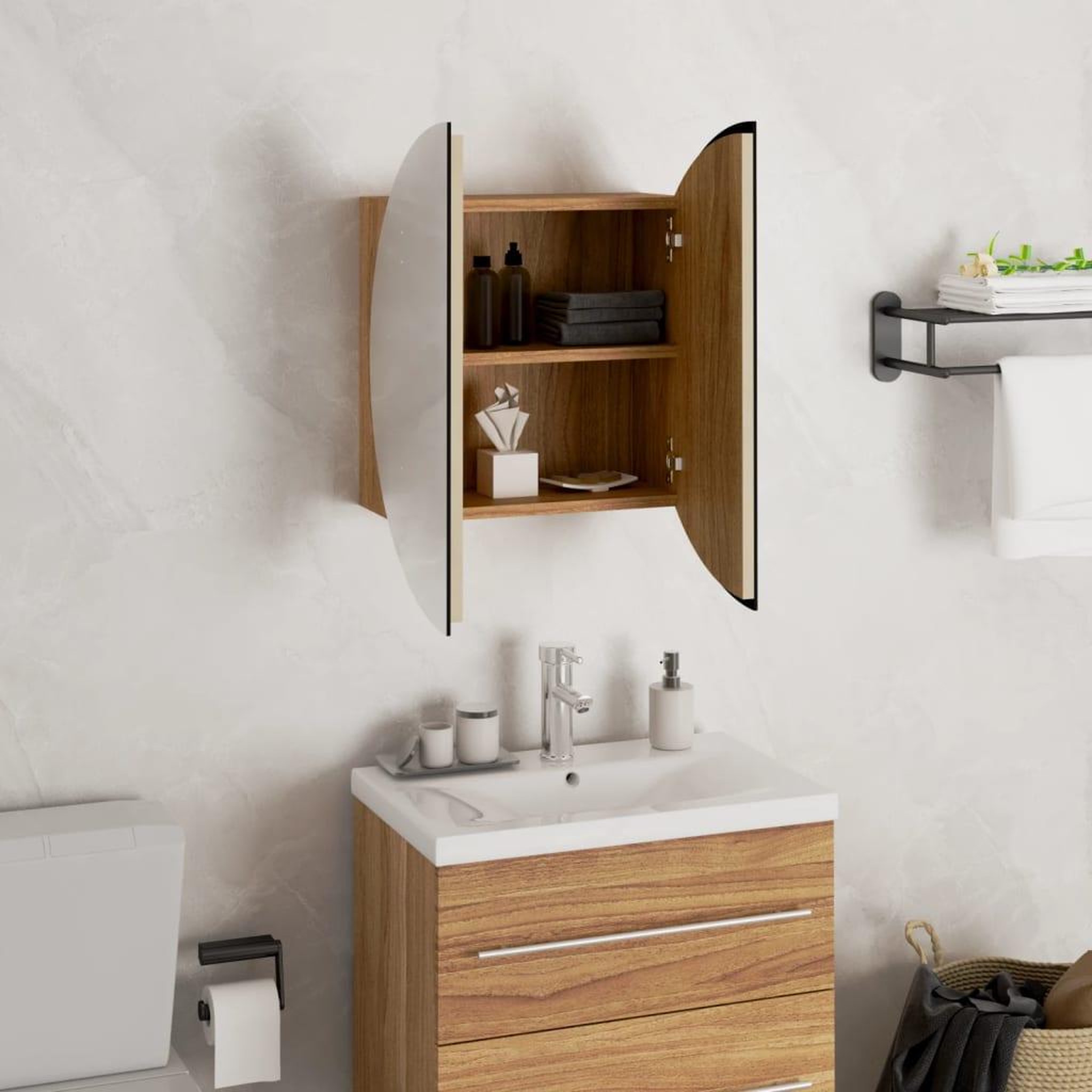 Voir la diapositive 4 : VIDAXL Armoire de salle de bain miroir rond et LED Chene 40x40x17,5 cm