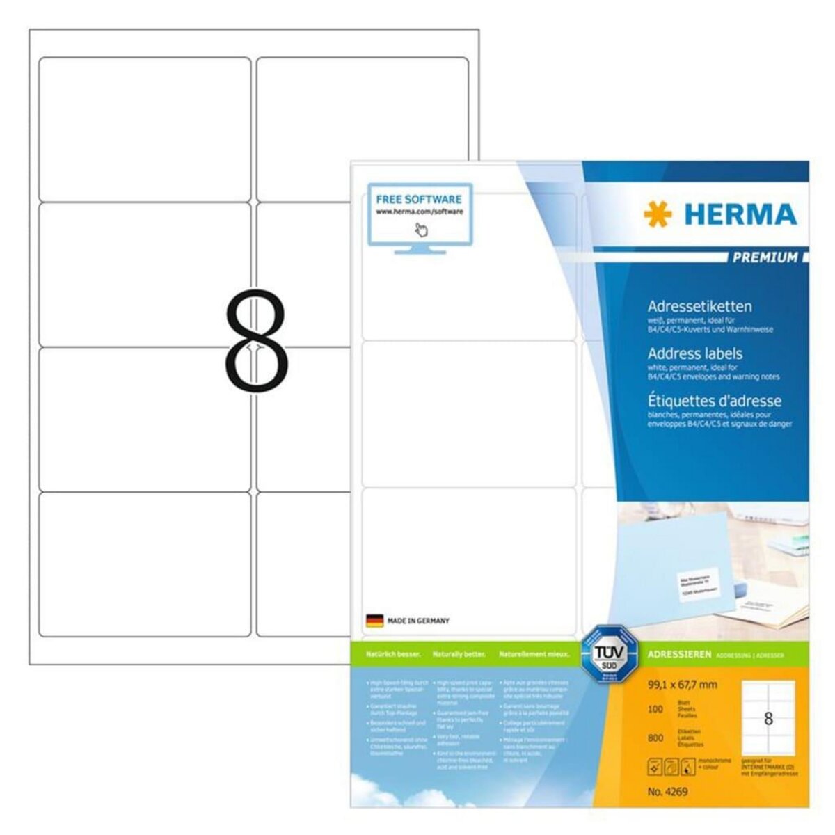 HERMA HERMA Etiquettes d'adresse permanentes A4 99,1x67,7 mm 100 feuilles