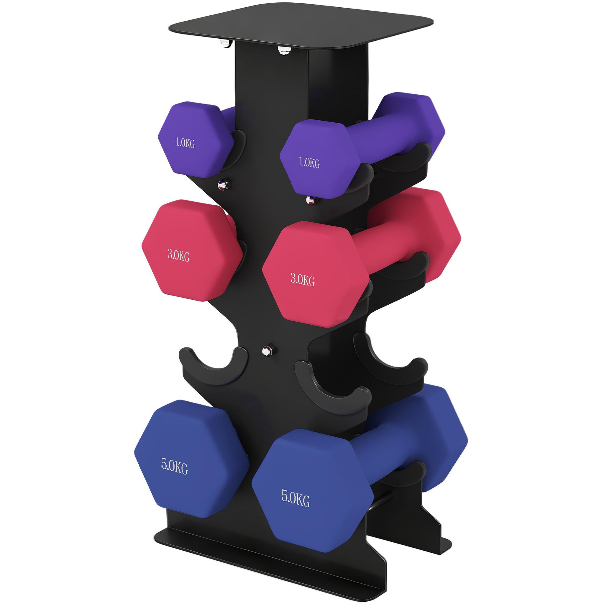 HOMCOM Support noir pour 6 haltères vinyles - 6 haltères incluses total 18 kg - noir rose bleu violet