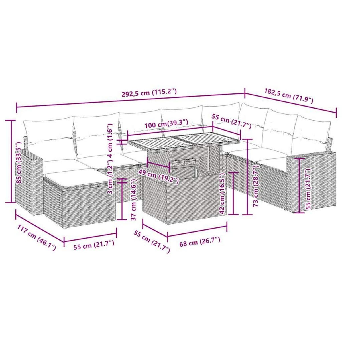 VIDAXL Salon de jardin 9 pcs avec coussins gris resine tressee