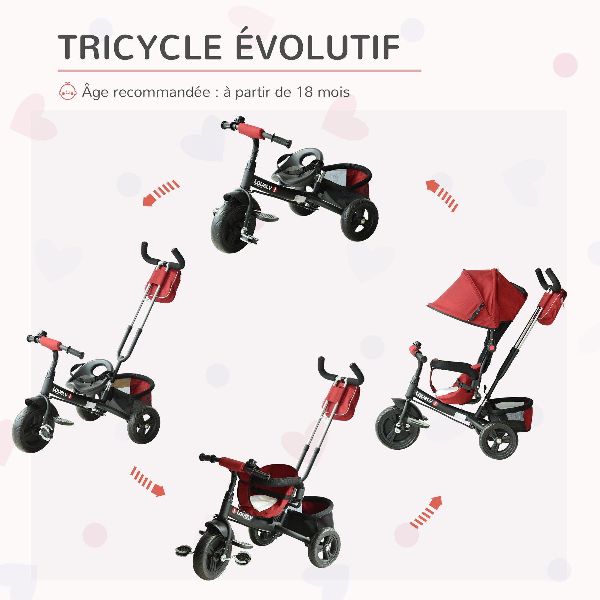 Voir la diapositive 4 : HOMCOM Tricycle enfants évolutif canne  et pare-soleil pliable amovible sacoche et panier 102 x 49l x 102 cm acier rouge brique noir