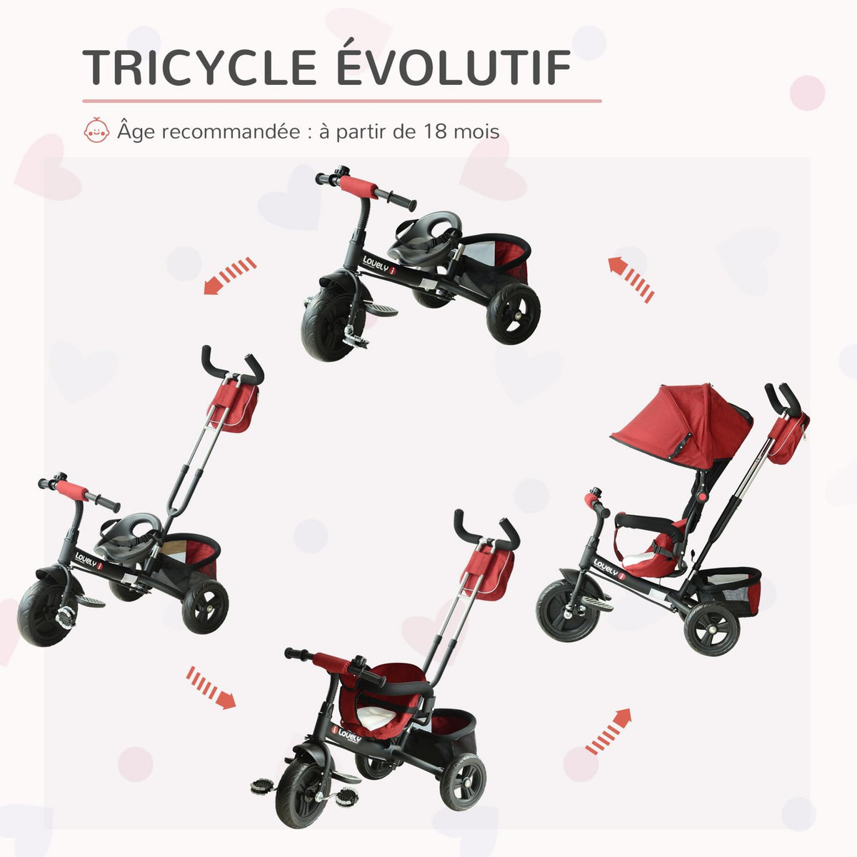 HOMCOM Tricycle enfants évolutif canne  et pare-soleil pliable amovible sacoche et panier 102 x 49l x 102 cm acier rouge brique noir