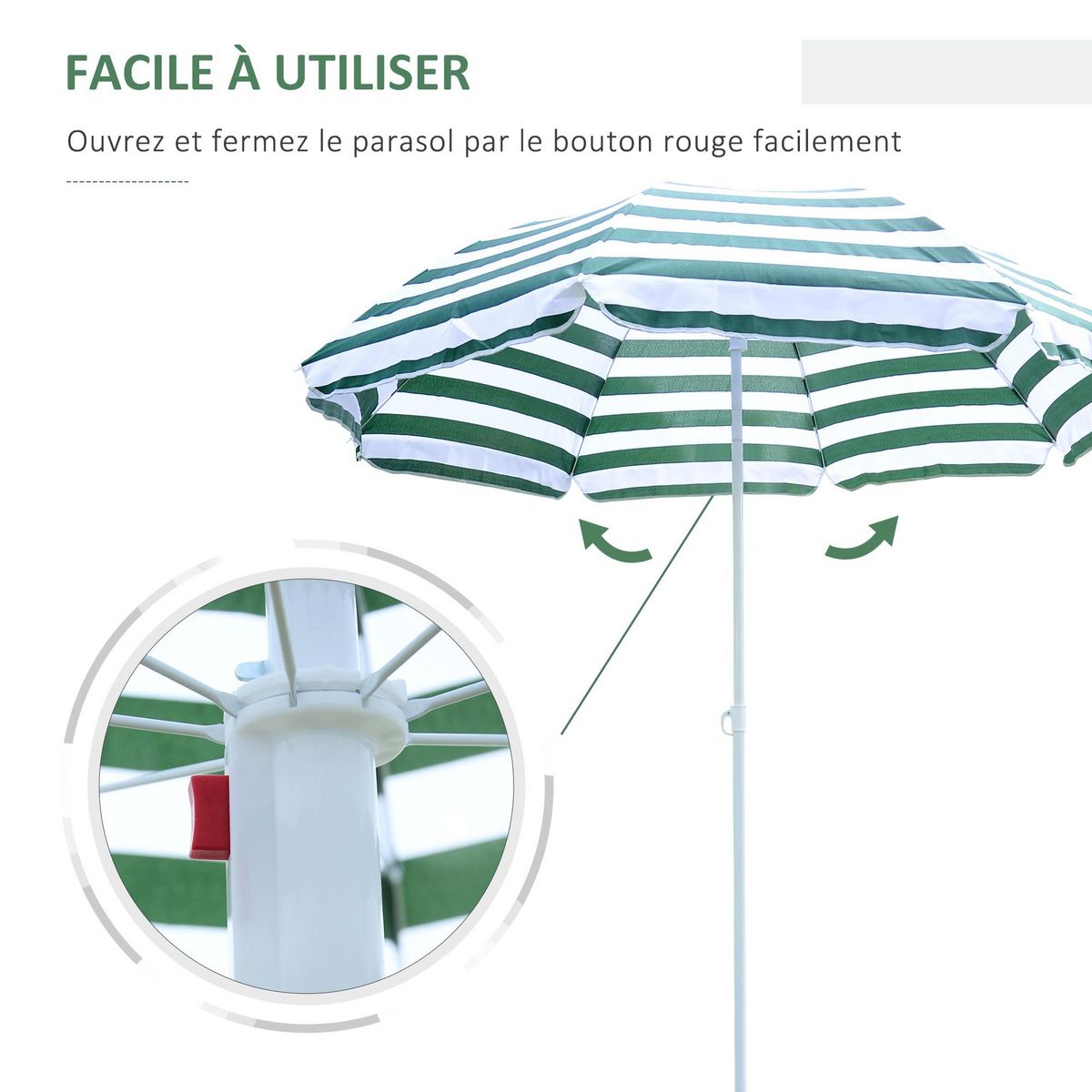 OUTSUNNY Parasol inclinable octogonal de plage Ø 180 cm tissu polyester haute densité anti-UV mât démontable vert blanc rayé